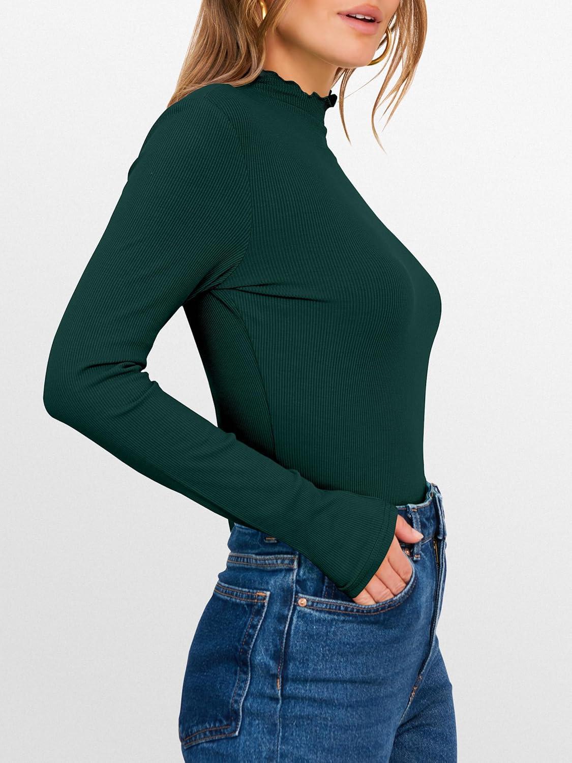 imageANRABESS Womens Lettuce Trim Mock Neck Long Sleeve Tops 2025 Casual Dressy Ribbed Knit Slim Fit Tee Shirt Fall Layer OutfitsDeep Green