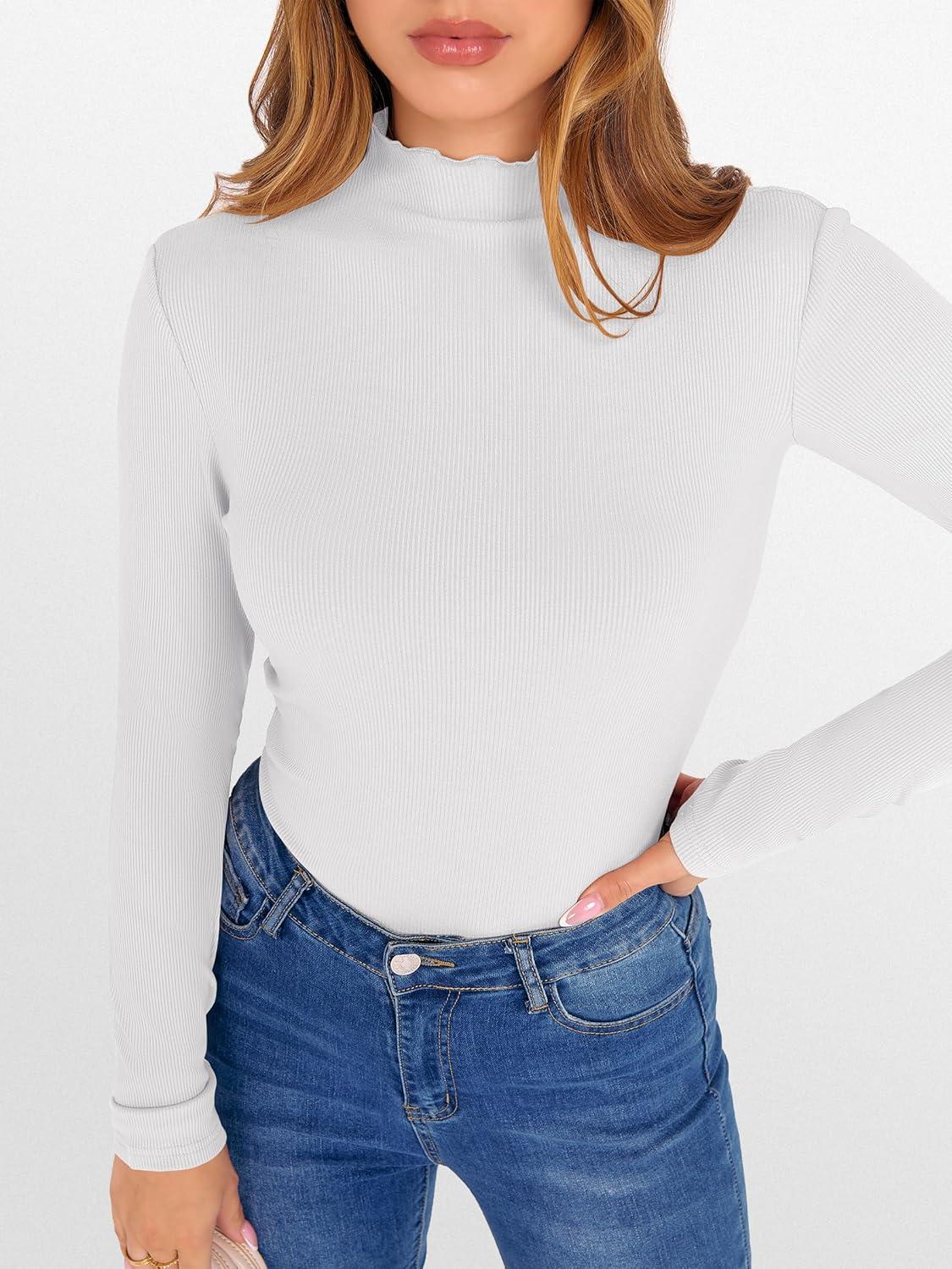 imageANRABESS Womens Lettuce Trim Mock Neck Long Sleeve Tops 2025 Casual Dressy Ribbed Knit Slim Fit Tee Shirt Fall Layer OutfitsWhite