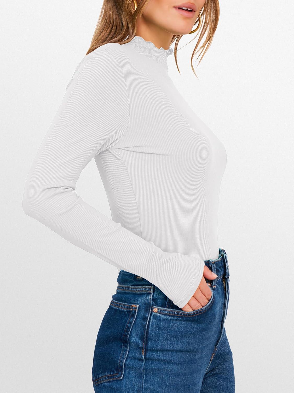 imageANRABESS Womens Lettuce Trim Mock Neck Long Sleeve Tops 2025 Casual Dressy Ribbed Knit Slim Fit Tee Shirt Fall Layer OutfitsWhite