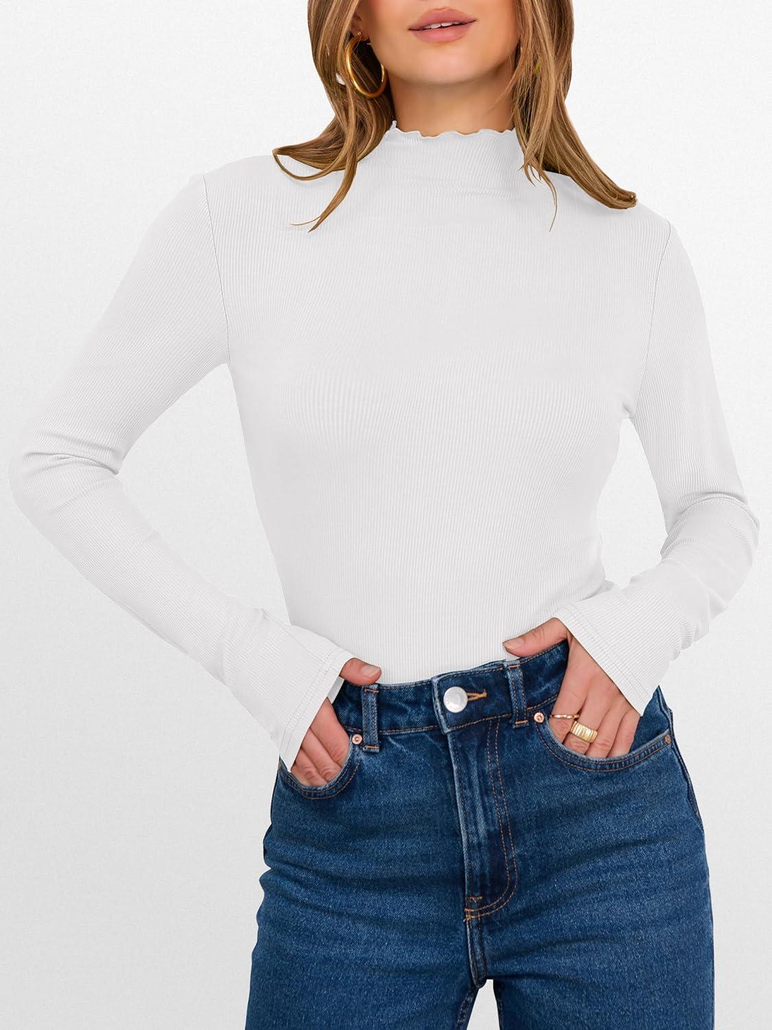 imageANRABESS Womens Lettuce Trim Mock Neck Long Sleeve Tops 2025 Casual Dressy Ribbed Knit Slim Fit Tee Shirt Fall Layer OutfitsWhite