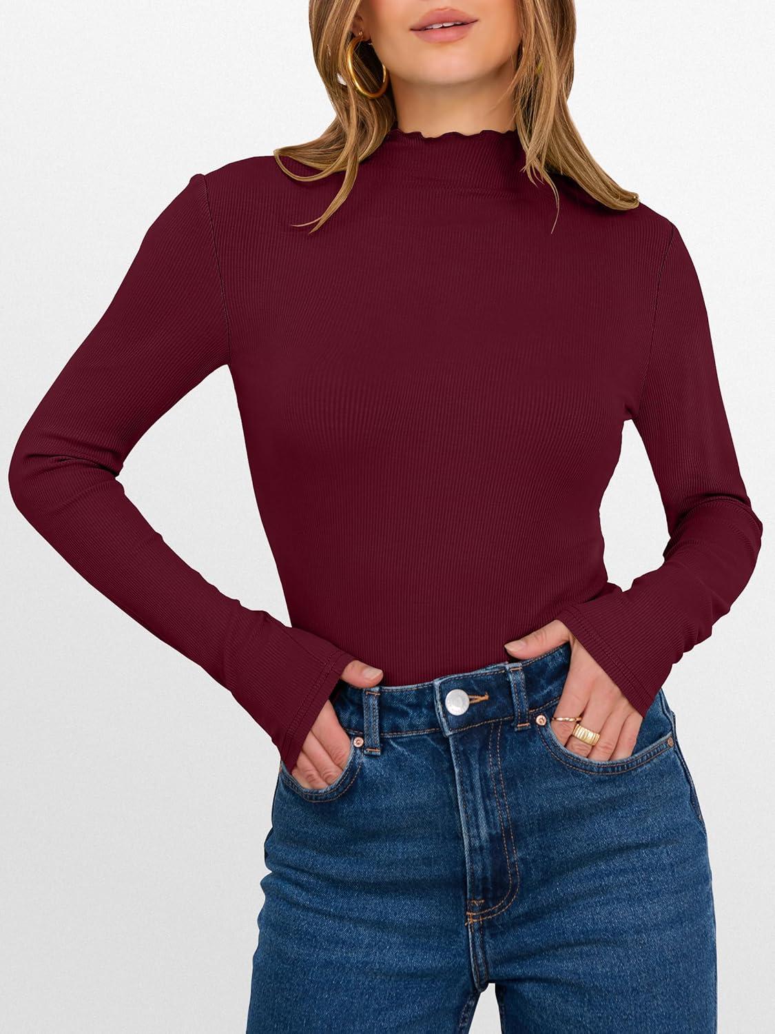 imageANRABESS Womens Lettuce Trim Mock Neck Long Sleeve Tops 2025 Casual Dressy Ribbed Knit Slim Fit Tee Shirt Fall Layer OutfitsWine Red