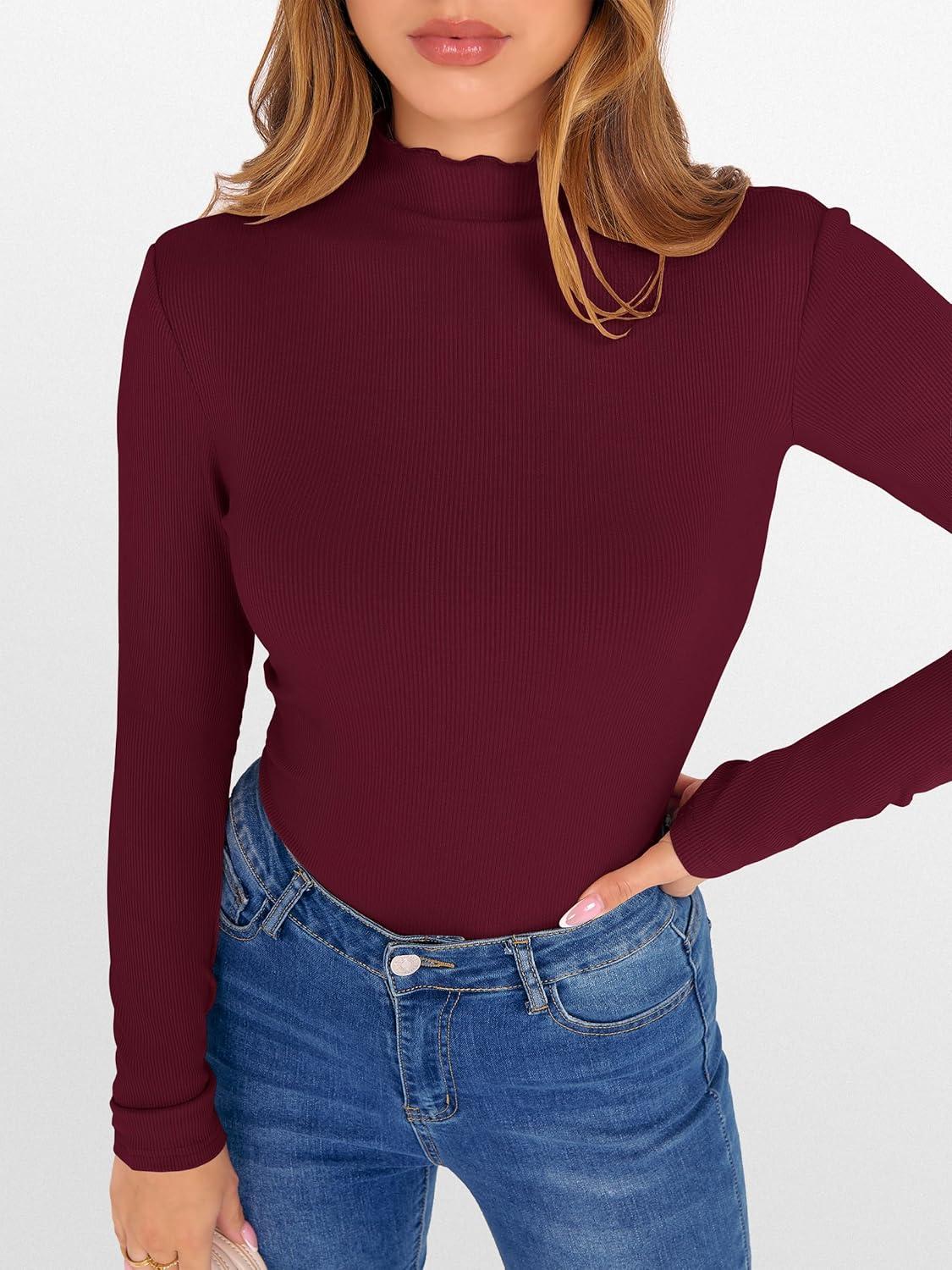 imageANRABESS Womens Lettuce Trim Mock Neck Long Sleeve Tops 2025 Casual Dressy Ribbed Knit Slim Fit Tee Shirt Fall Layer OutfitsWine Red