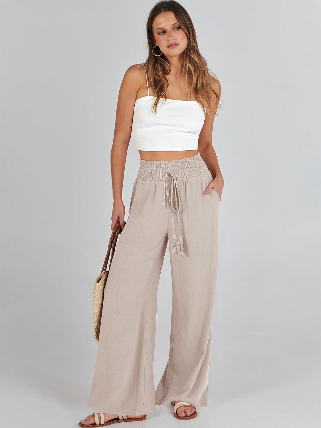 imageANRABESS Womens Linen Pants Summer Casual Palazzo Beach Pant Drawstring High Waist Wide Leg Trousers Vacation OutfitsApricot