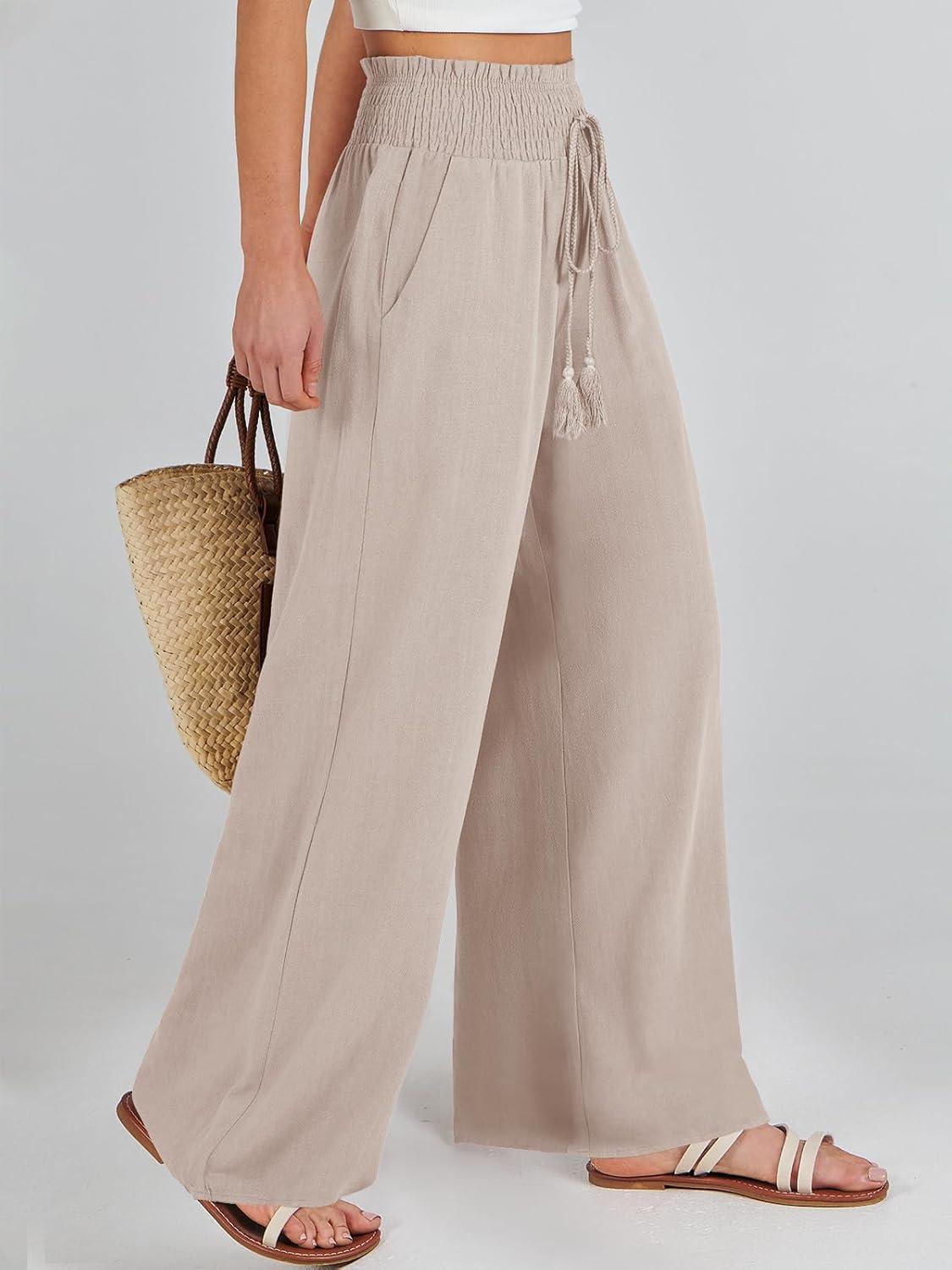 imageANRABESS Womens Linen Pants Summer Casual Palazzo Beach Pant Drawstring High Waist Wide Leg Trousers Vacation OutfitsApricot