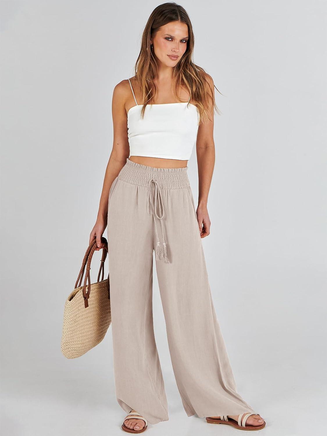 imageANRABESS Womens Linen Pants Summer Casual Palazzo Beach Pant Drawstring High Waist Wide Leg Trousers Vacation OutfitsApricot