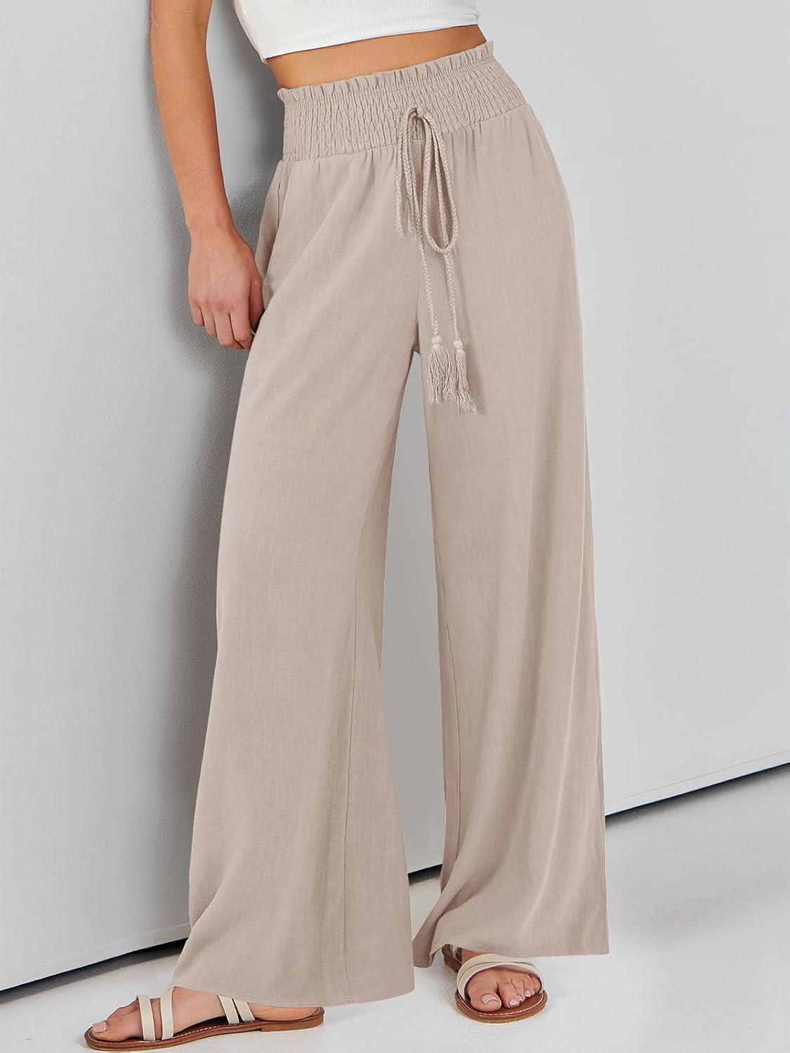 imageANRABESS Womens Linen Pants Summer Casual Palazzo Beach Pant Drawstring High Waist Wide Leg Trousers Vacation OutfitsApricot