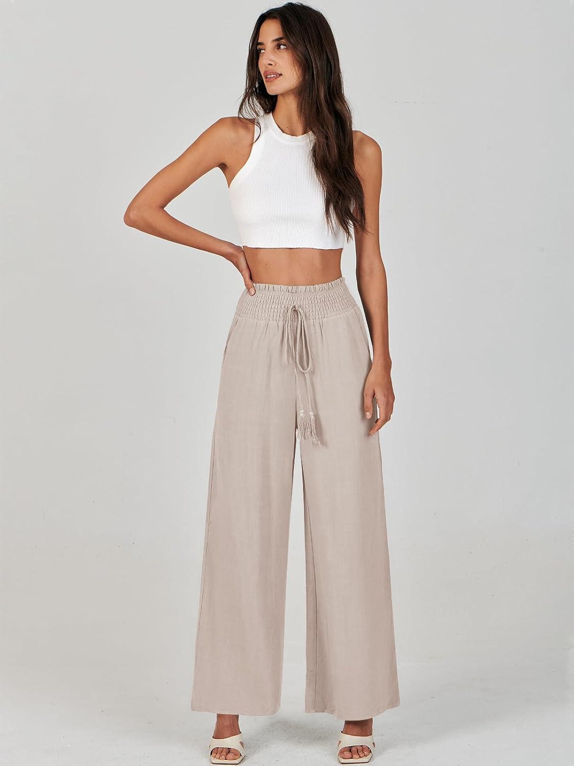 imageANRABESS Womens Linen Pants Summer Casual Palazzo Beach Pant Drawstring High Waist Wide Leg Trousers Vacation OutfitsApricot