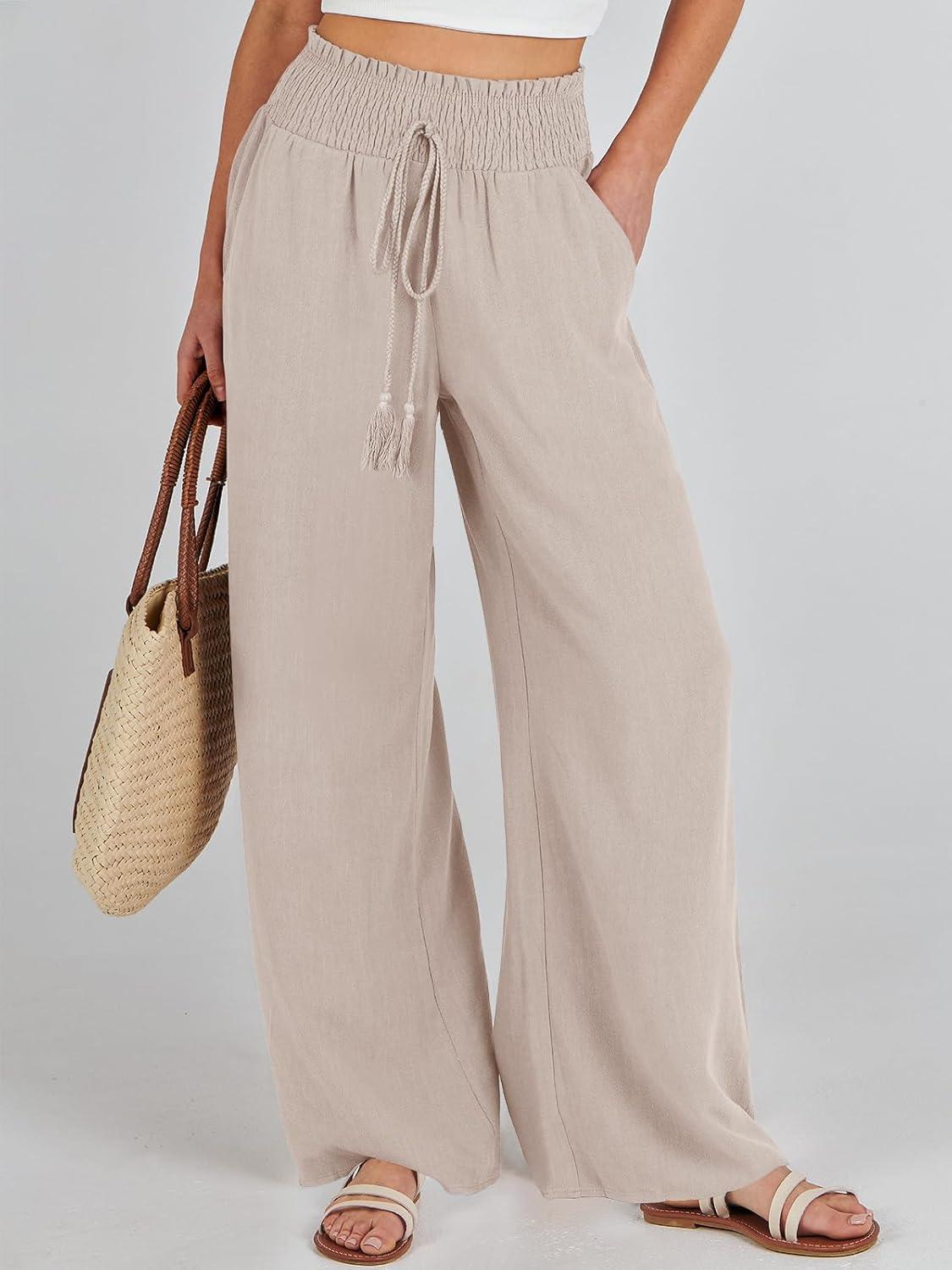imageANRABESS Womens Linen Pants Summer Casual Palazzo Beach Pant Drawstring High Waist Wide Leg Trousers Vacation OutfitsApricot