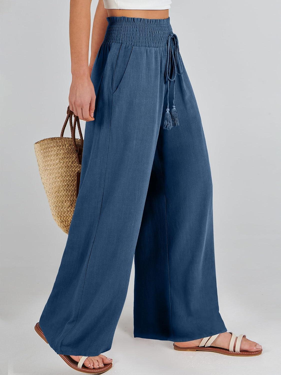 imageANRABESS Womens Linen Pants Summer Casual Palazzo Beach Pant Drawstring High Waist Wide Leg Trousers Vacation OutfitsDeep Blue