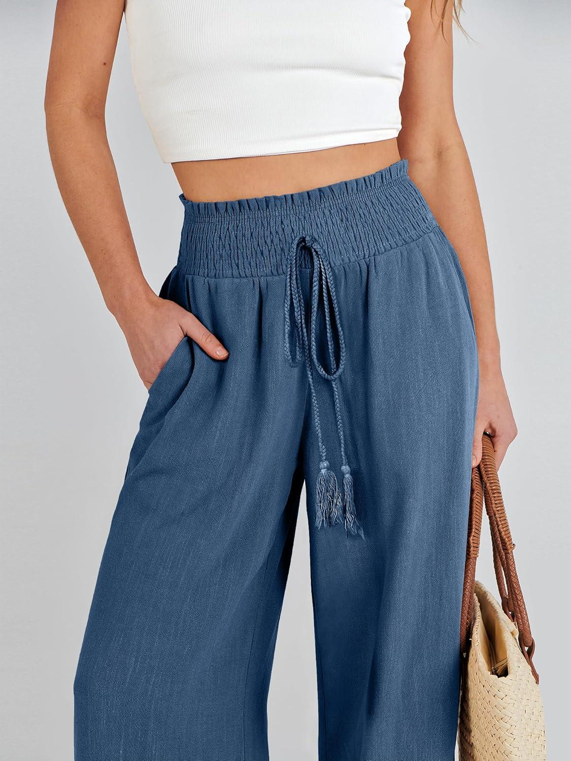 imageANRABESS Womens Linen Pants Summer Casual Palazzo Beach Pant Drawstring High Waist Wide Leg Trousers Vacation OutfitsDeep Blue