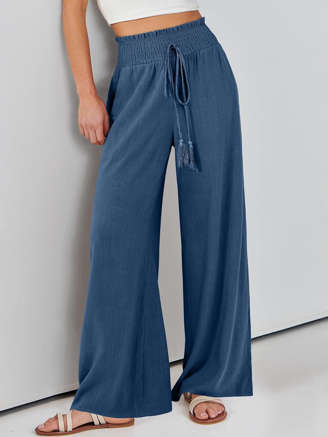 imageANRABESS Womens Linen Pants Summer Casual Palazzo Beach Pant Drawstring High Waist Wide Leg Trousers Vacation OutfitsDeep Blue