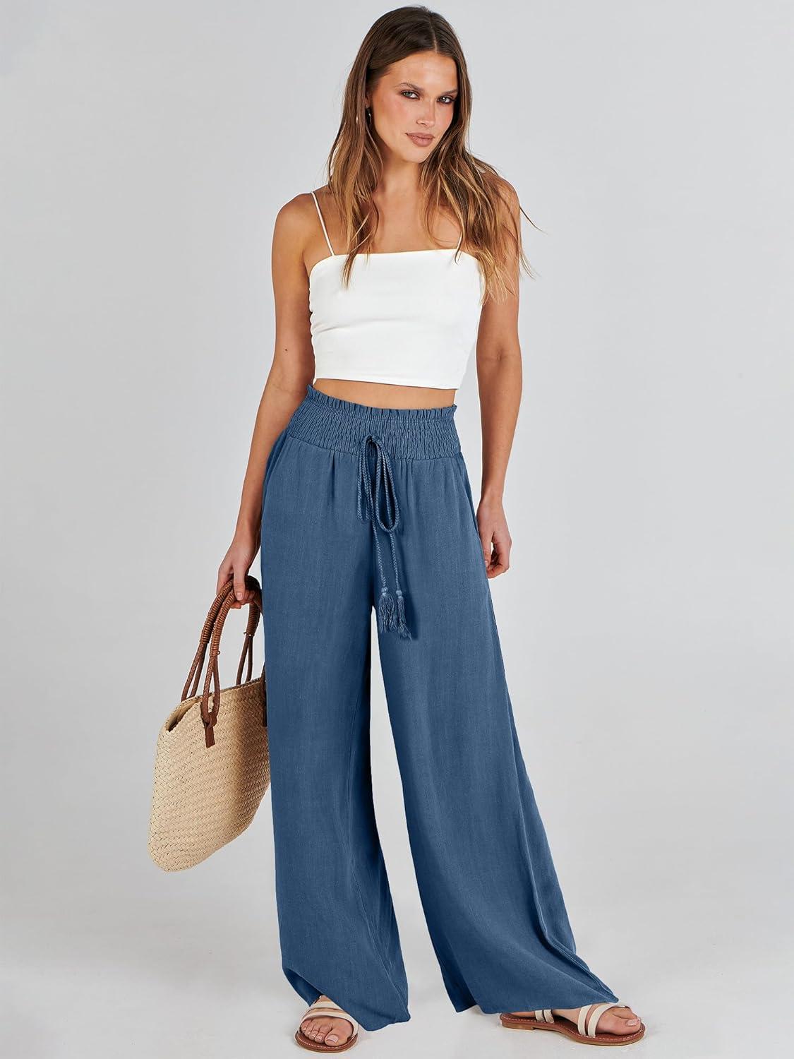 imageANRABESS Womens Linen Pants Summer Casual Palazzo Beach Pant Drawstring High Waist Wide Leg Trousers Vacation OutfitsDeep Blue