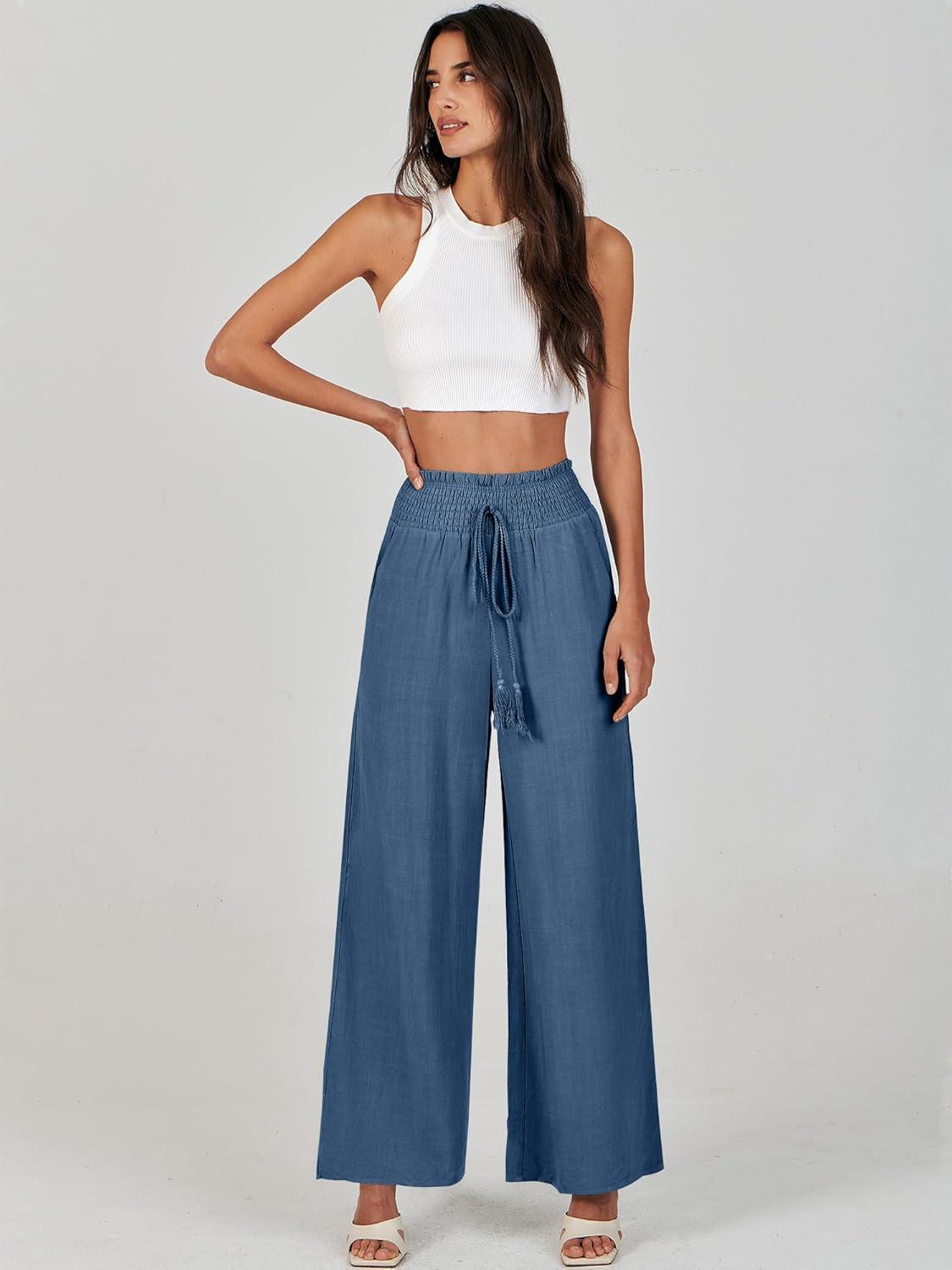 imageANRABESS Womens Linen Pants Summer Casual Palazzo Beach Pant Drawstring High Waist Wide Leg Trousers Vacation OutfitsDeep Blue