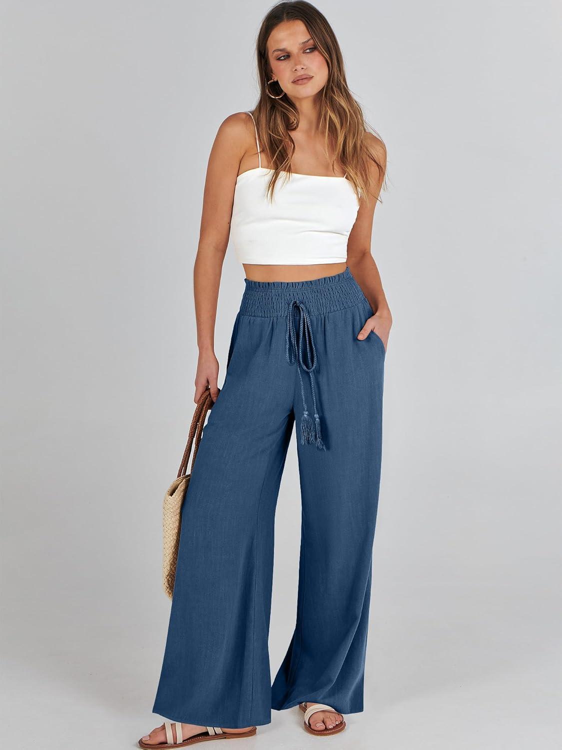 imageANRABESS Womens Linen Pants Summer Casual Palazzo Beach Pant Drawstring High Waist Wide Leg Trousers Vacation OutfitsDeep Blue