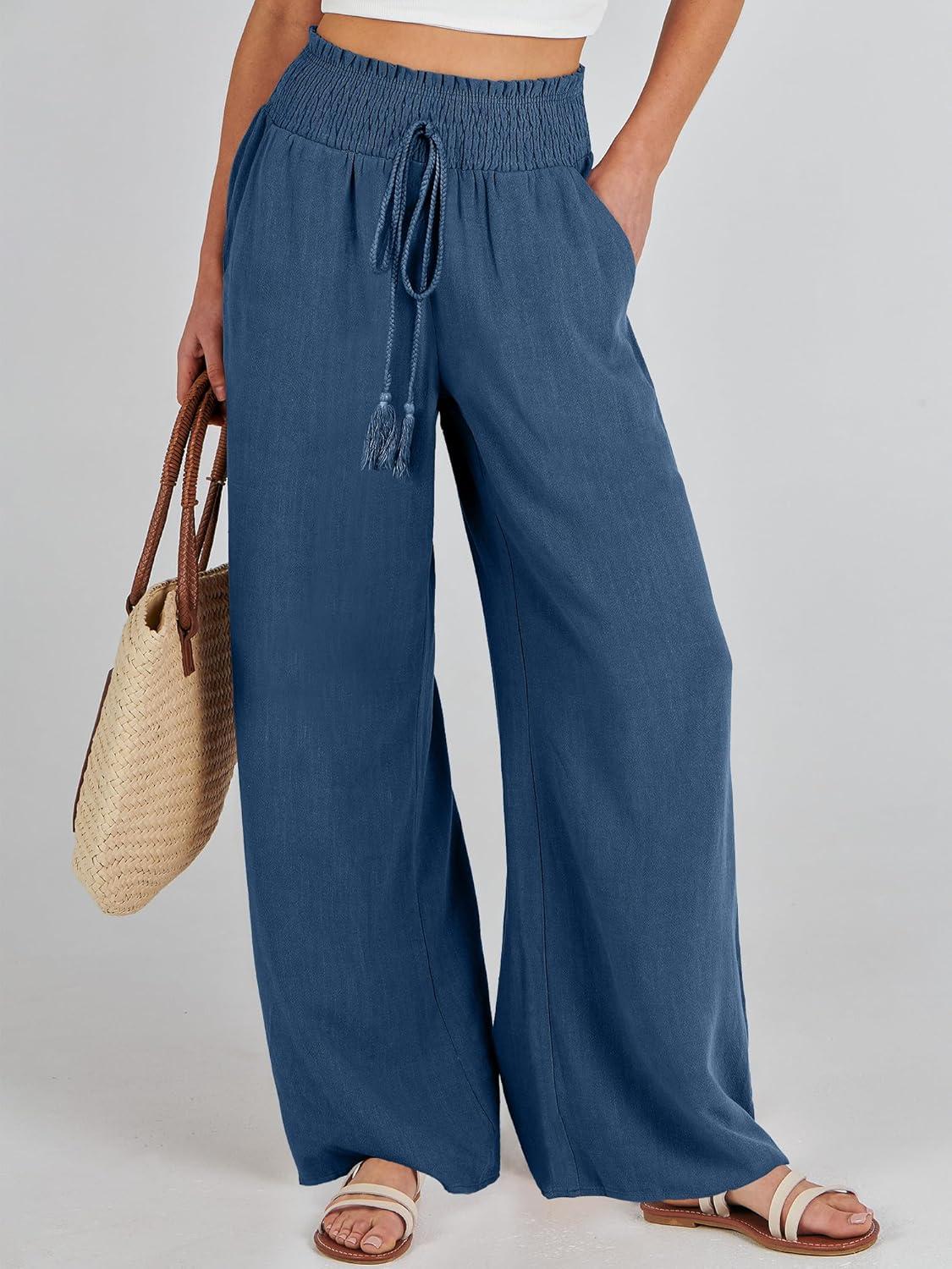 imageANRABESS Womens Linen Pants Summer Casual Palazzo Beach Pant Drawstring High Waist Wide Leg Trousers Vacation OutfitsDeep Blue