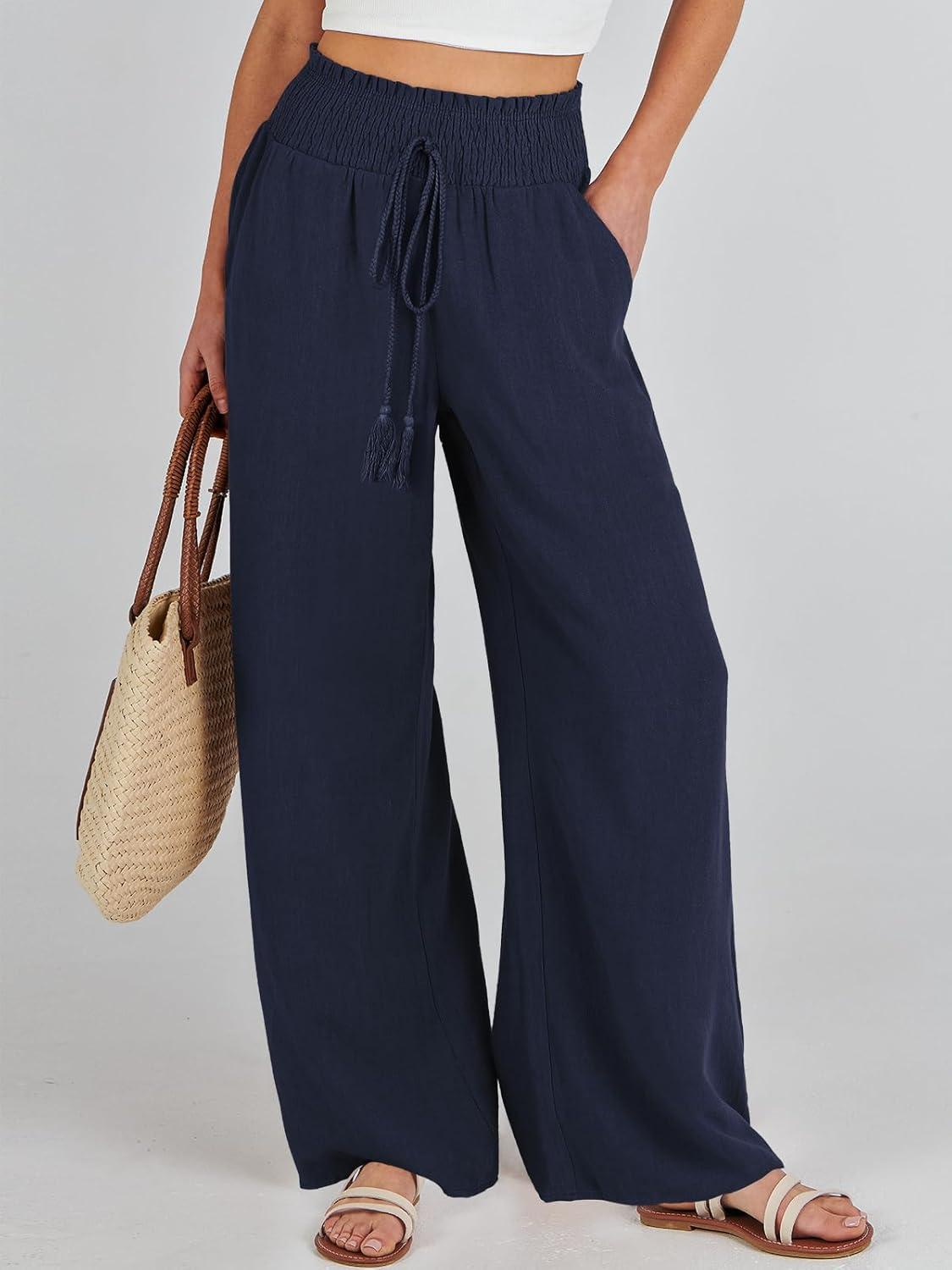 imageANRABESS Womens Linen Pants Summer Casual Palazzo Beach Pant Drawstring High Waist Wide Leg Trousers Vacation OutfitsNavy Blue