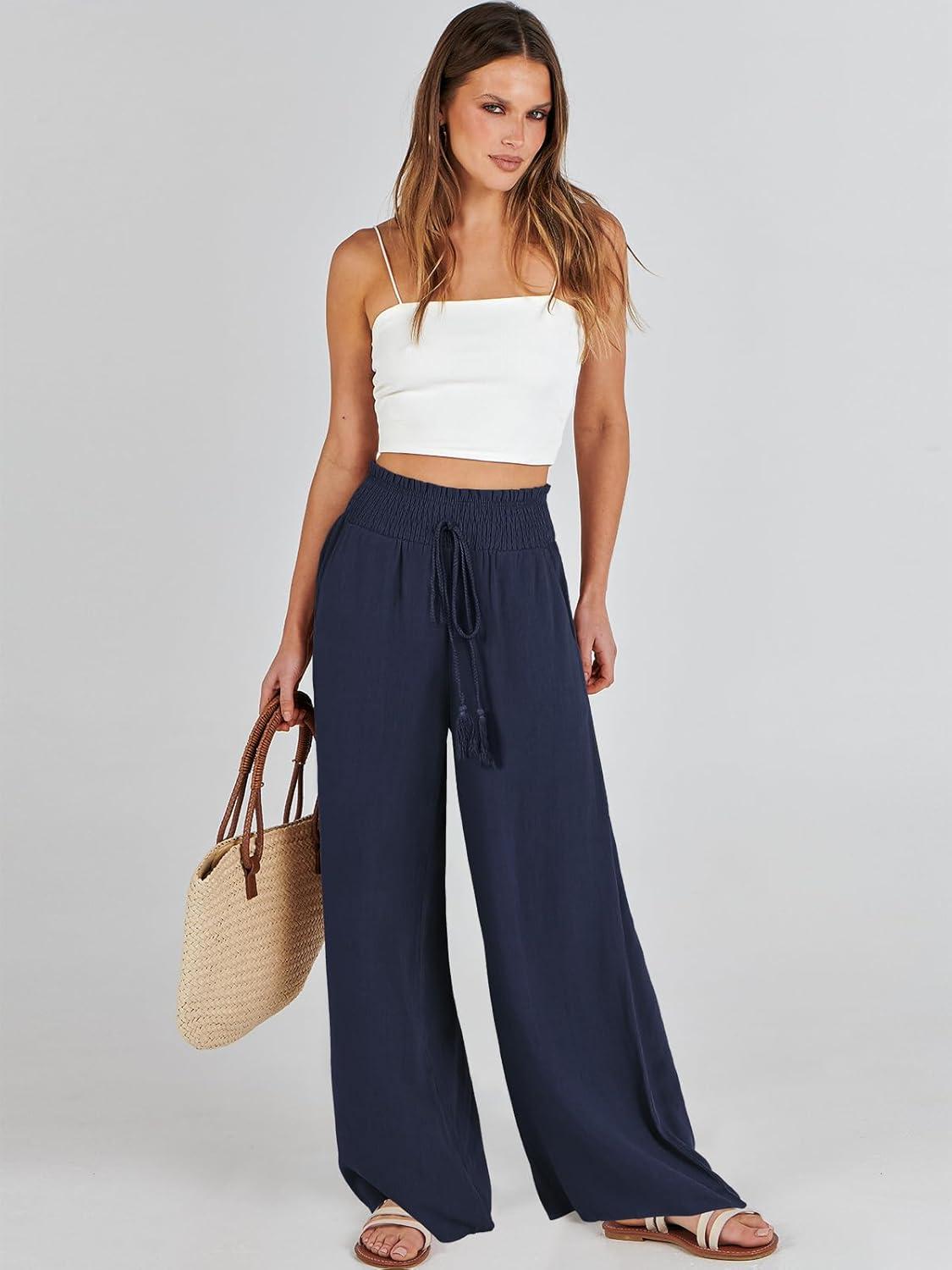imageANRABESS Womens Linen Pants Summer Casual Palazzo Beach Pant Drawstring High Waist Wide Leg Trousers Vacation OutfitsNavy Blue