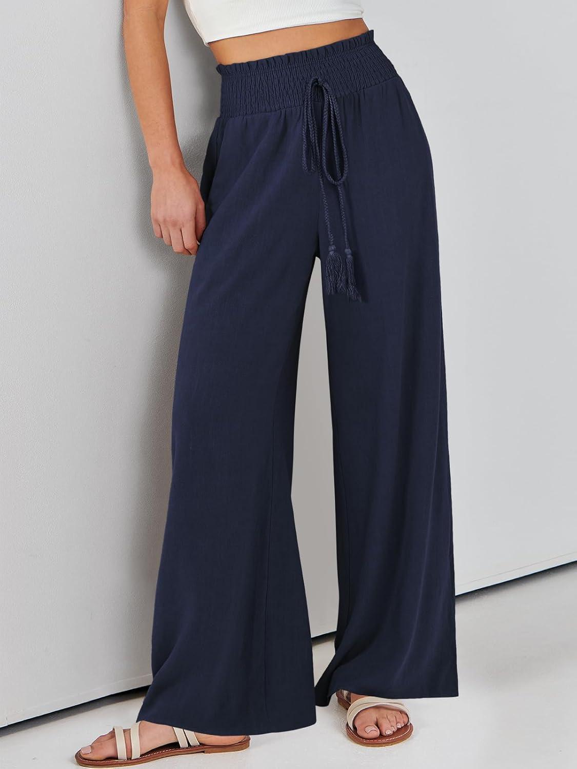 imageANRABESS Womens Linen Pants Summer Casual Palazzo Beach Pant Drawstring High Waist Wide Leg Trousers Vacation OutfitsNavy Blue