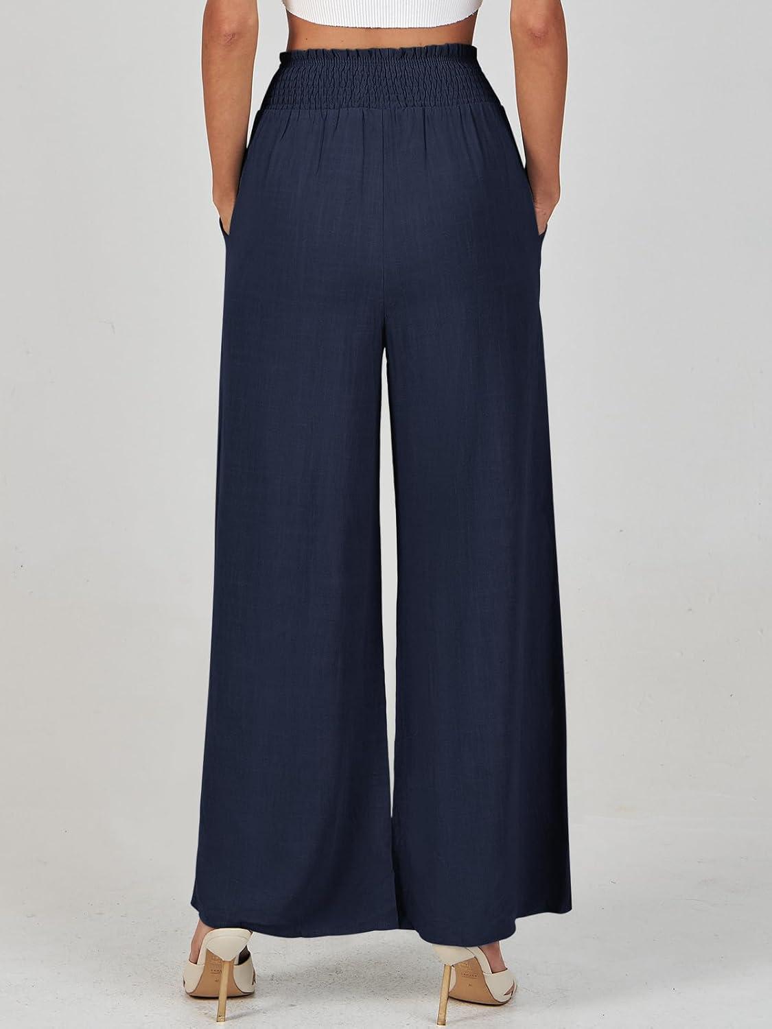 imageANRABESS Womens Linen Pants Summer Casual Palazzo Beach Pant Drawstring High Waist Wide Leg Trousers Vacation OutfitsNavy Blue