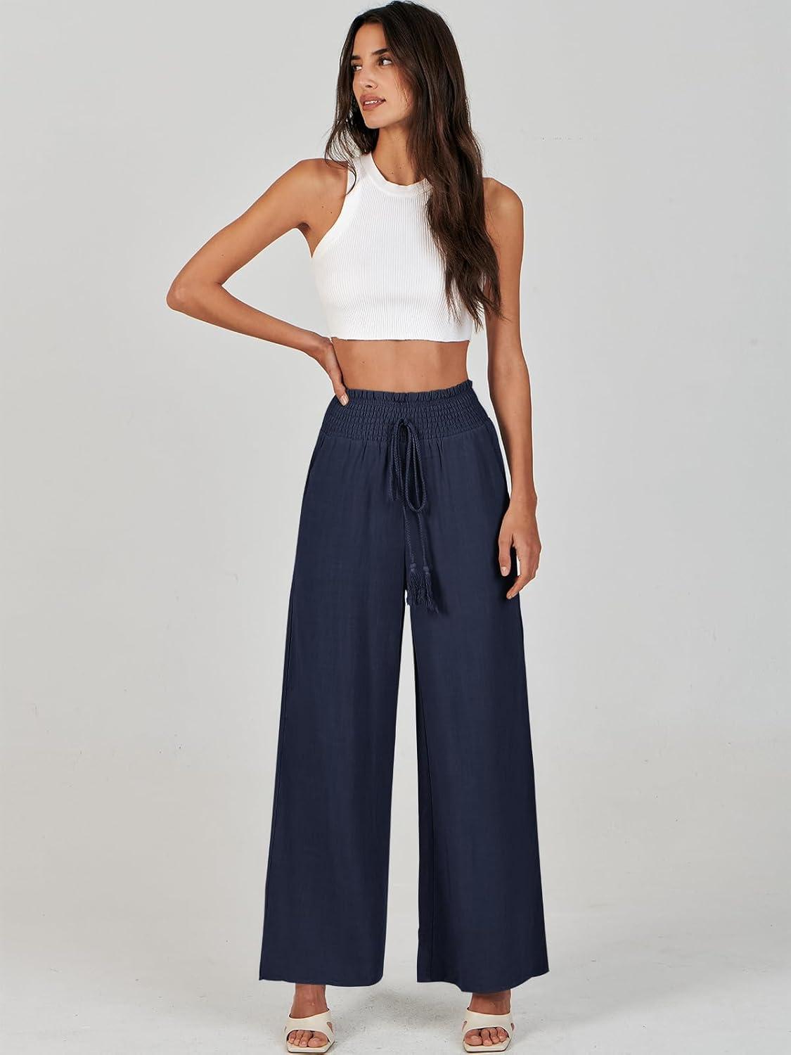 imageANRABESS Womens Linen Pants Summer Casual Palazzo Beach Pant Drawstring High Waist Wide Leg Trousers Vacation OutfitsNavy Blue