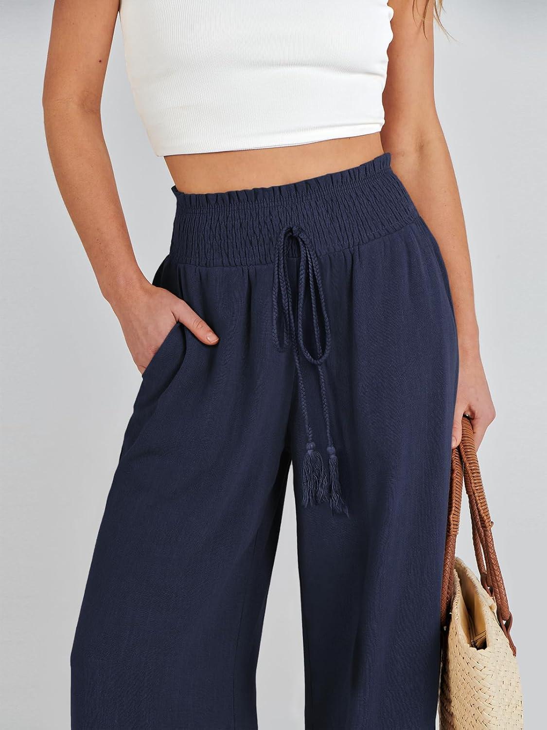 imageANRABESS Womens Linen Pants Summer Casual Palazzo Beach Pant Drawstring High Waist Wide Leg Trousers Vacation OutfitsNavy Blue