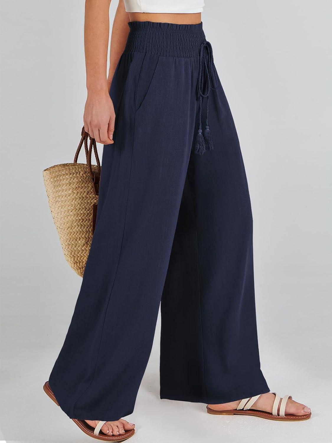 imageANRABESS Womens Linen Pants Summer Casual Palazzo Beach Pant Drawstring High Waist Wide Leg Trousers Vacation OutfitsNavy Blue