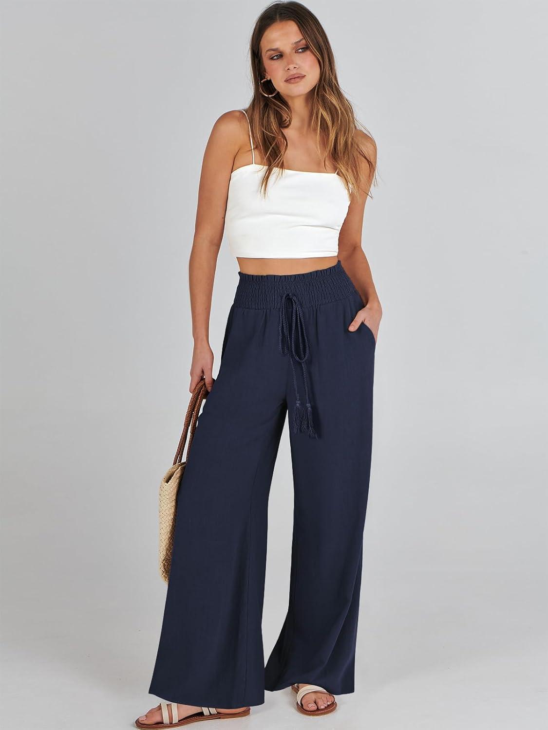 imageANRABESS Womens Linen Pants Summer Casual Palazzo Beach Pant Drawstring High Waist Wide Leg Trousers Vacation OutfitsNavy Blue