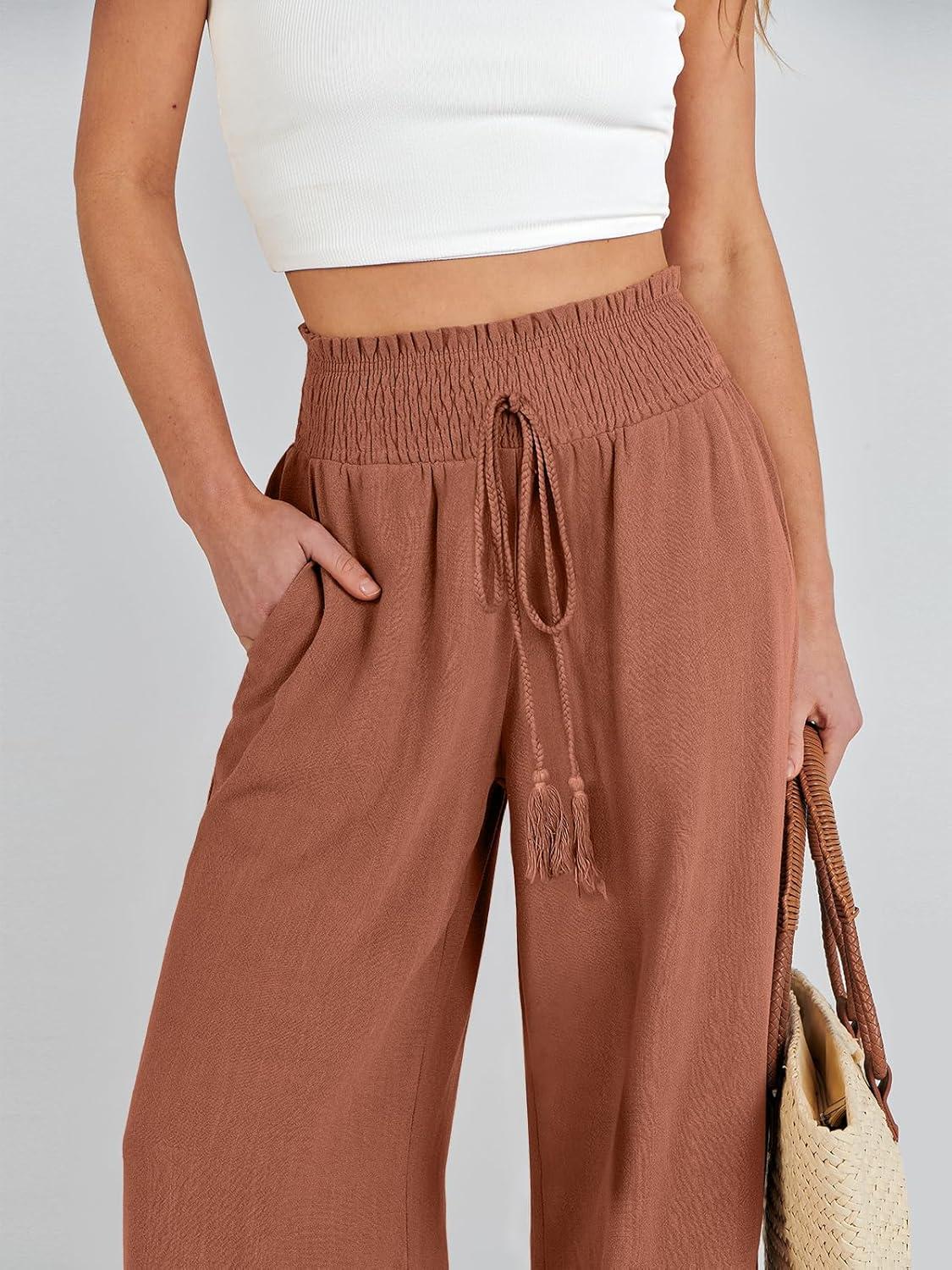 imageANRABESS Womens Linen Pants Summer Casual Palazzo Beach Pant Drawstring High Waist Wide Leg Trousers Vacation OutfitsRust