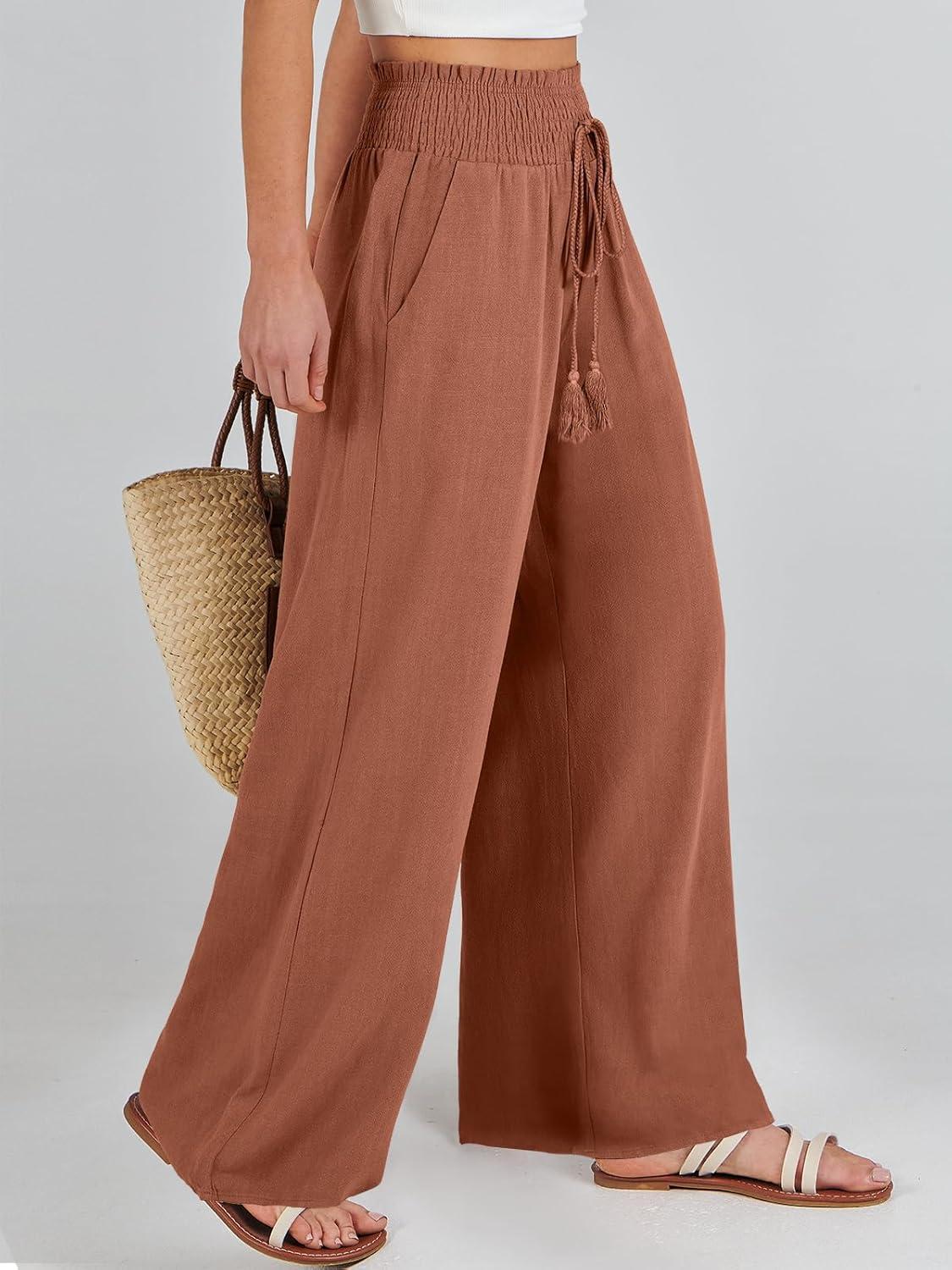 imageANRABESS Womens Linen Pants Summer Casual Palazzo Beach Pant Drawstring High Waist Wide Leg Trousers Vacation OutfitsRust