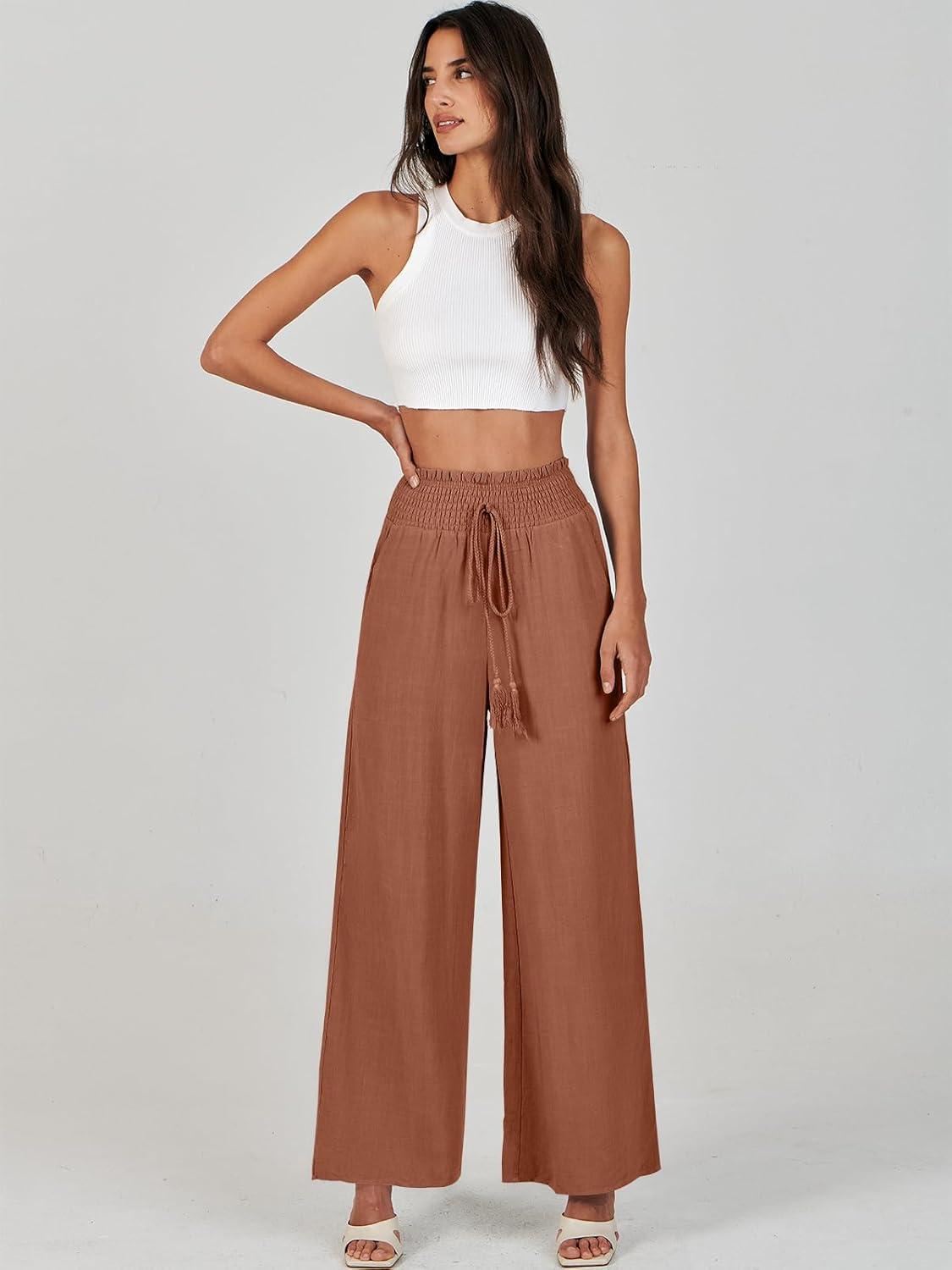 imageANRABESS Womens Linen Pants Summer Casual Palazzo Beach Pant Drawstring High Waist Wide Leg Trousers Vacation OutfitsRust