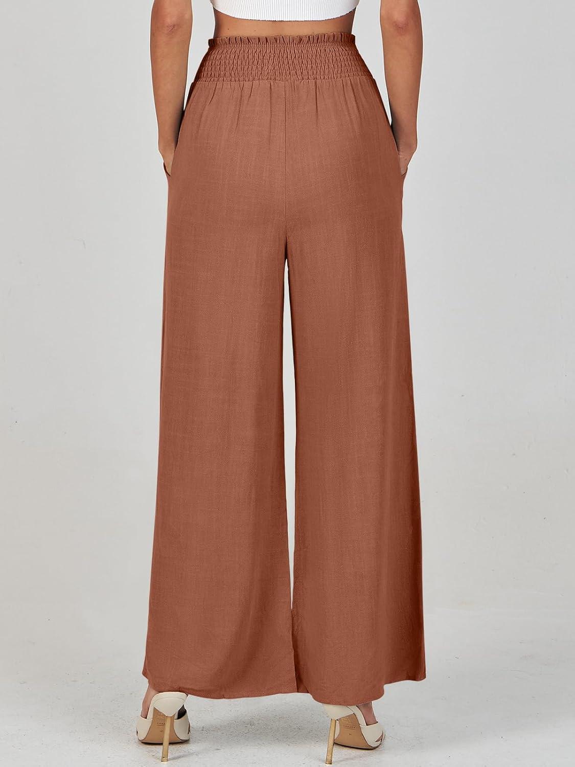 imageANRABESS Womens Linen Pants Summer Casual Palazzo Beach Pant Drawstring High Waist Wide Leg Trousers Vacation OutfitsRust