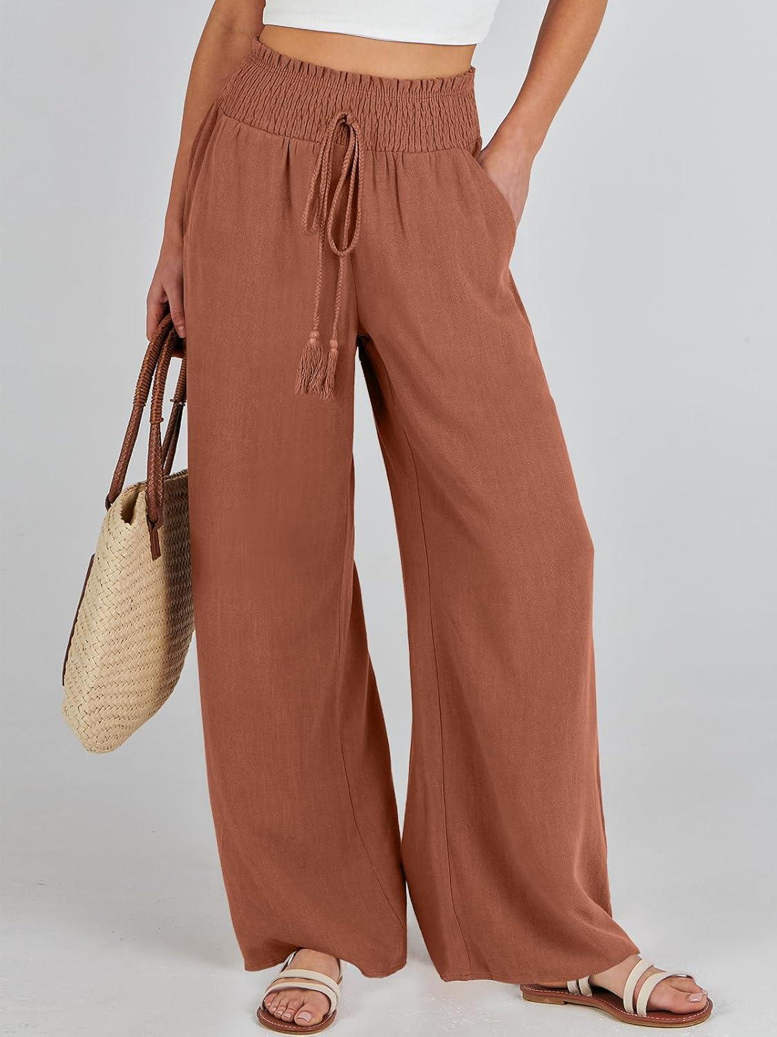 imageANRABESS Womens Linen Pants Summer Casual Palazzo Beach Pant Drawstring High Waist Wide Leg Trousers Vacation OutfitsRust