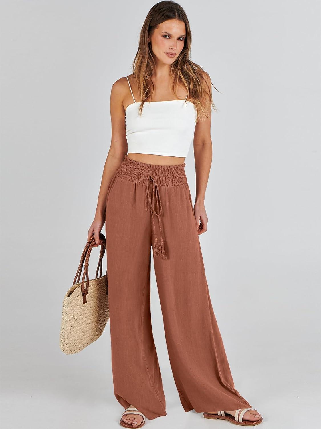 imageANRABESS Womens Linen Pants Summer Casual Palazzo Beach Pant Drawstring High Waist Wide Leg Trousers Vacation OutfitsRust