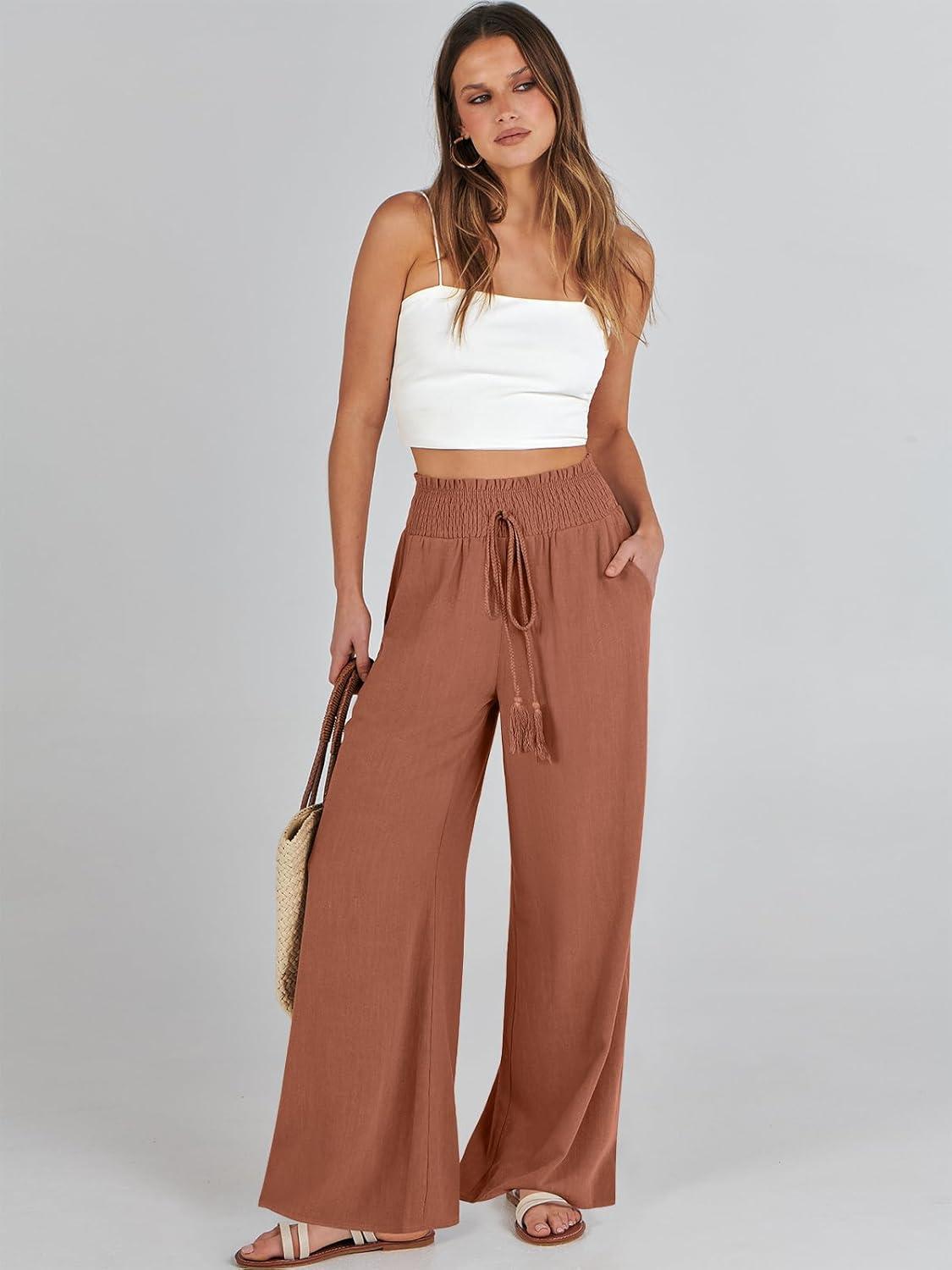 imageANRABESS Womens Linen Pants Summer Casual Palazzo Beach Pant Drawstring High Waist Wide Leg Trousers Vacation OutfitsRust