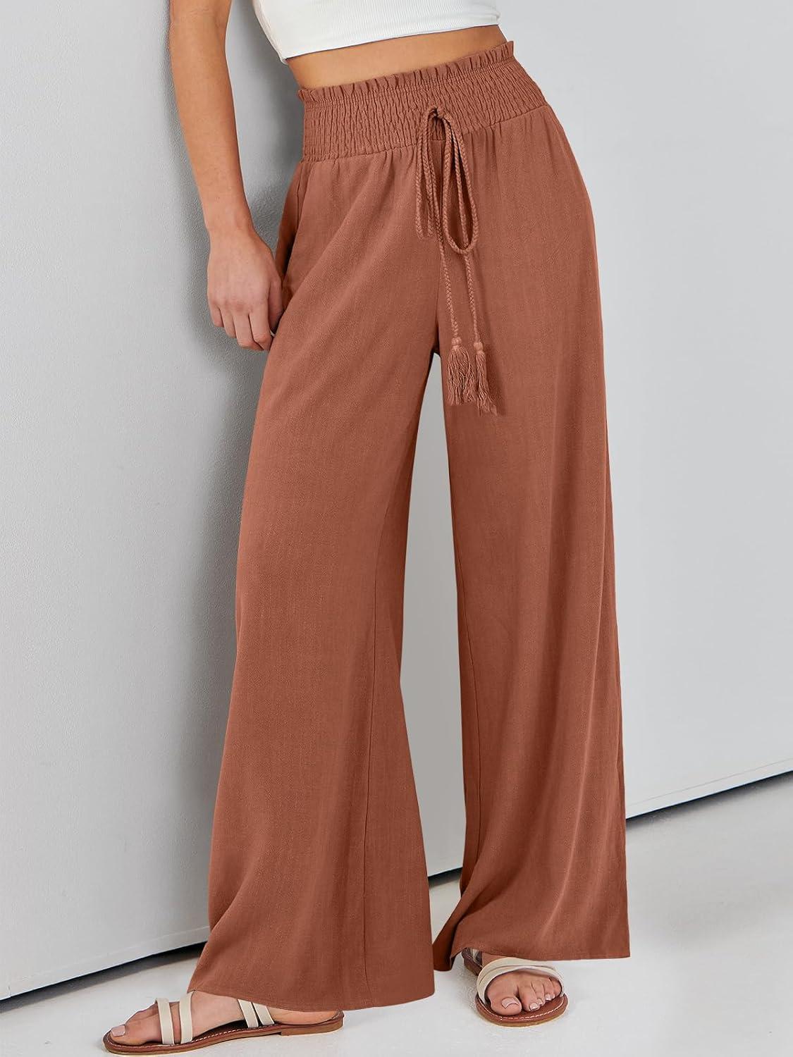 imageANRABESS Womens Linen Pants Summer Casual Palazzo Beach Pant Drawstring High Waist Wide Leg Trousers Vacation OutfitsRust