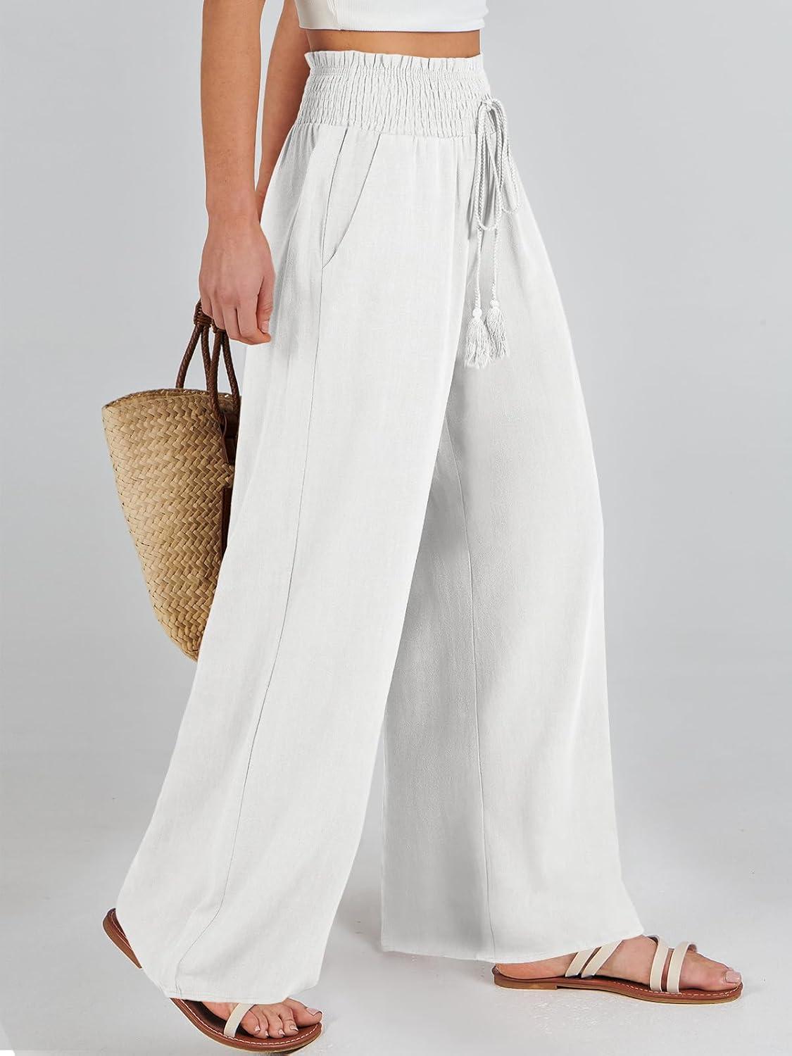 imageANRABESS Womens Linen Pants Summer Casual Palazzo Beach Pant Drawstring High Waist Wide Leg Trousers Vacation OutfitsWhite