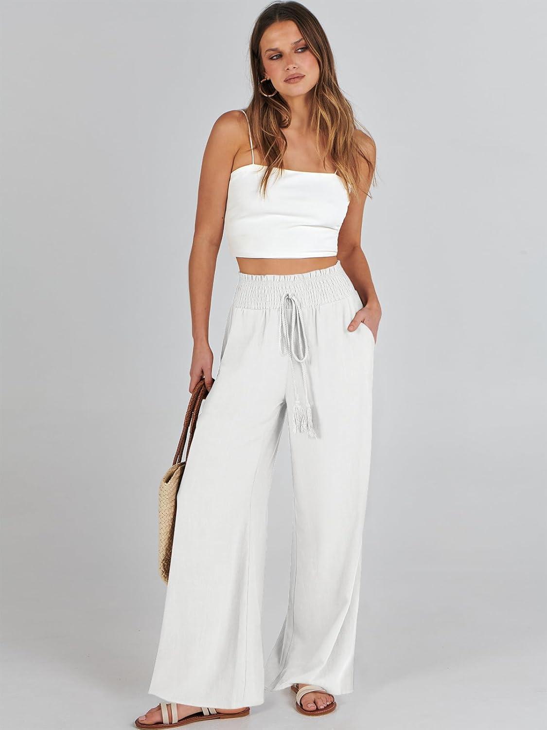 imageANRABESS Womens Linen Pants Summer Casual Palazzo Beach Pant Drawstring High Waist Wide Leg Trousers Vacation OutfitsWhite