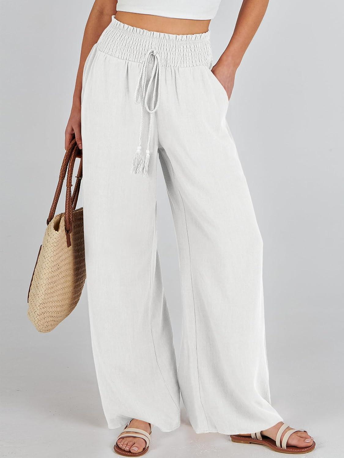 imageANRABESS Womens Linen Pants Summer Casual Palazzo Beach Pant Drawstring High Waist Wide Leg Trousers Vacation OutfitsWhite