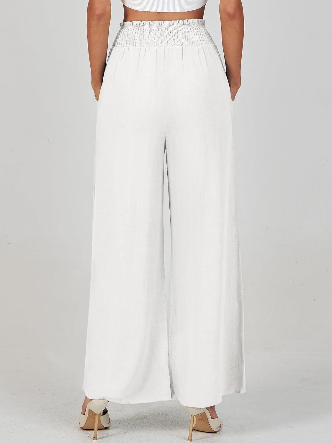 imageANRABESS Womens Linen Pants Summer Casual Palazzo Beach Pant Drawstring High Waist Wide Leg Trousers Vacation OutfitsWhite