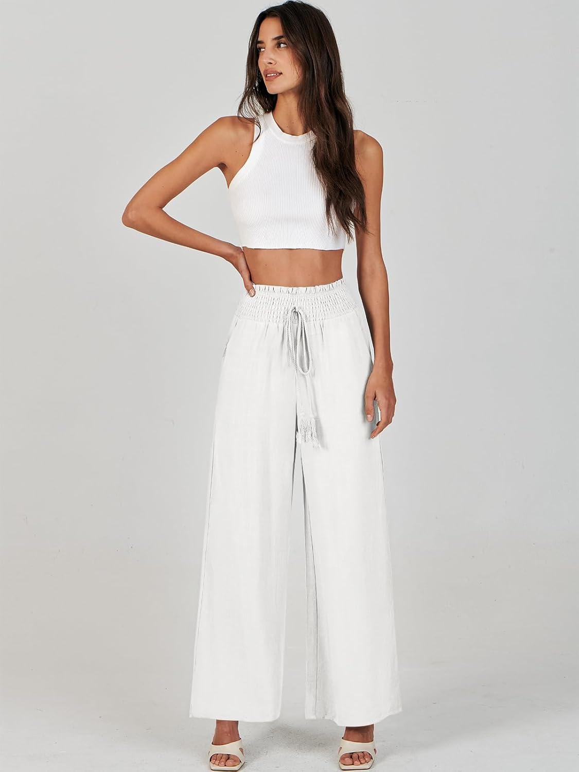 imageANRABESS Womens Linen Pants Summer Casual Palazzo Beach Pant Drawstring High Waist Wide Leg Trousers Vacation OutfitsWhite