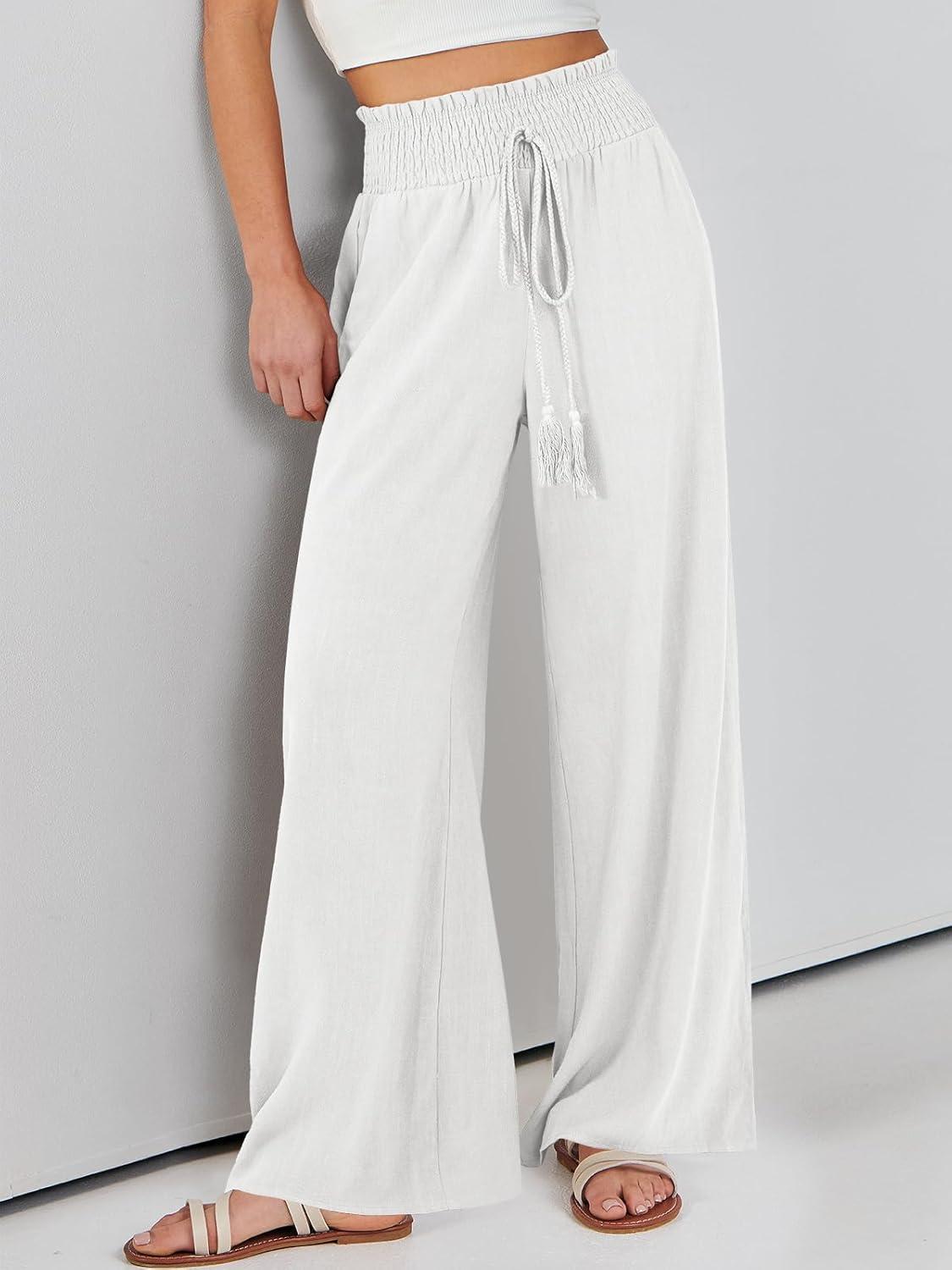 imageANRABESS Womens Linen Pants Summer Casual Palazzo Beach Pant Drawstring High Waist Wide Leg Trousers Vacation OutfitsWhite