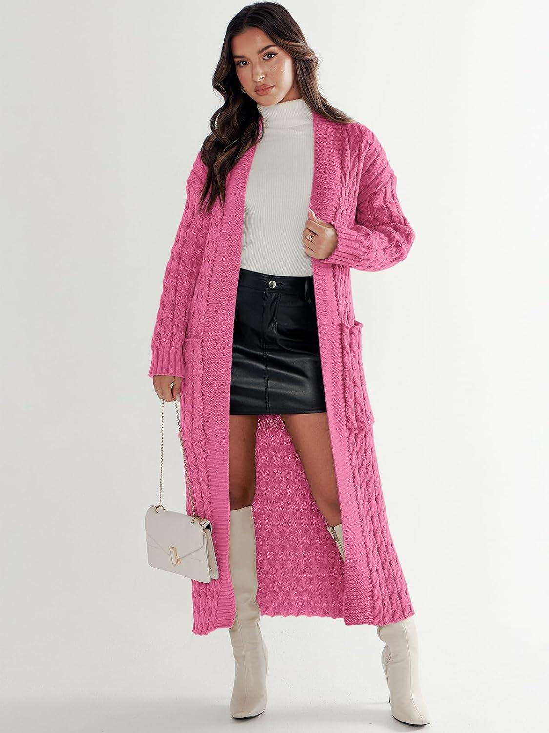 imageANRABESS Womens Long Cardigan Sweater 2025 Oversized Coat Long Sleeve Open Front Knit Maxi Outwear Fall Trendy Jacket ClothesHot Pink