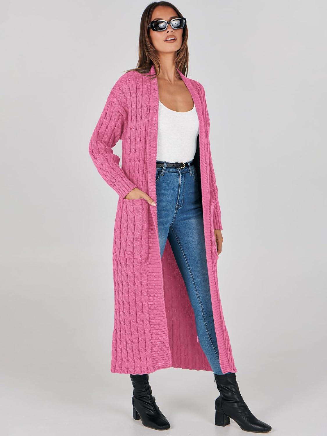 imageANRABESS Womens Long Cardigan Sweater 2025 Oversized Coat Long Sleeve Open Front Knit Maxi Outwear Fall Trendy Jacket ClothesHot Pink