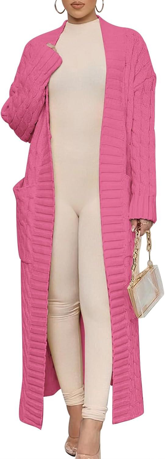 imageANRABESS Womens Long Cardigan Sweater 2025 Oversized Coat Long Sleeve Open Front Knit Maxi Outwear Fall Trendy Jacket ClothesHot Pink
