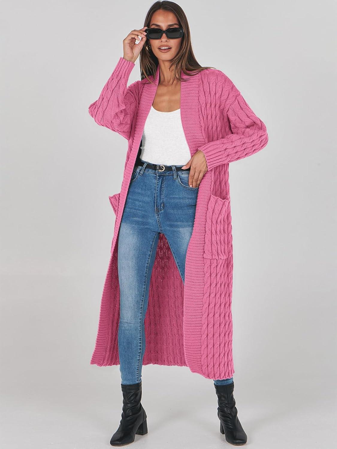 imageANRABESS Womens Long Cardigan Sweater 2025 Oversized Coat Long Sleeve Open Front Knit Maxi Outwear Fall Trendy Jacket ClothesHot Pink
