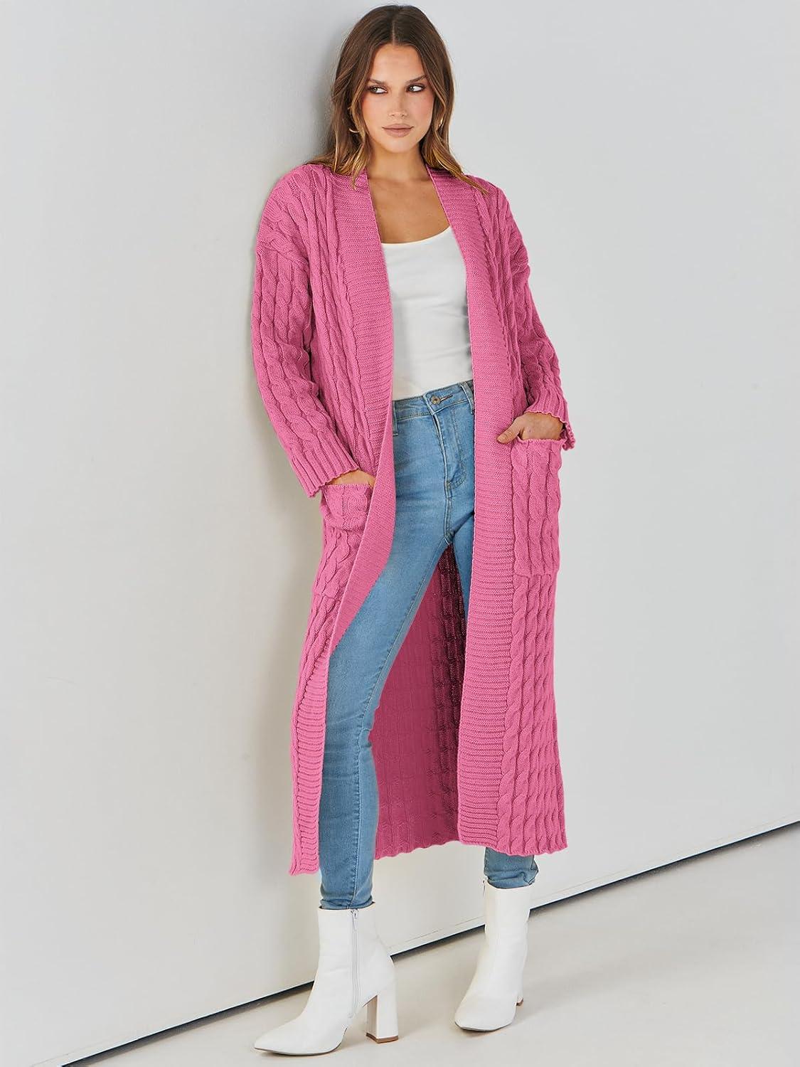 imageANRABESS Womens Long Cardigan Sweater 2025 Oversized Coat Long Sleeve Open Front Knit Maxi Outwear Fall Trendy Jacket ClothesHot Pink