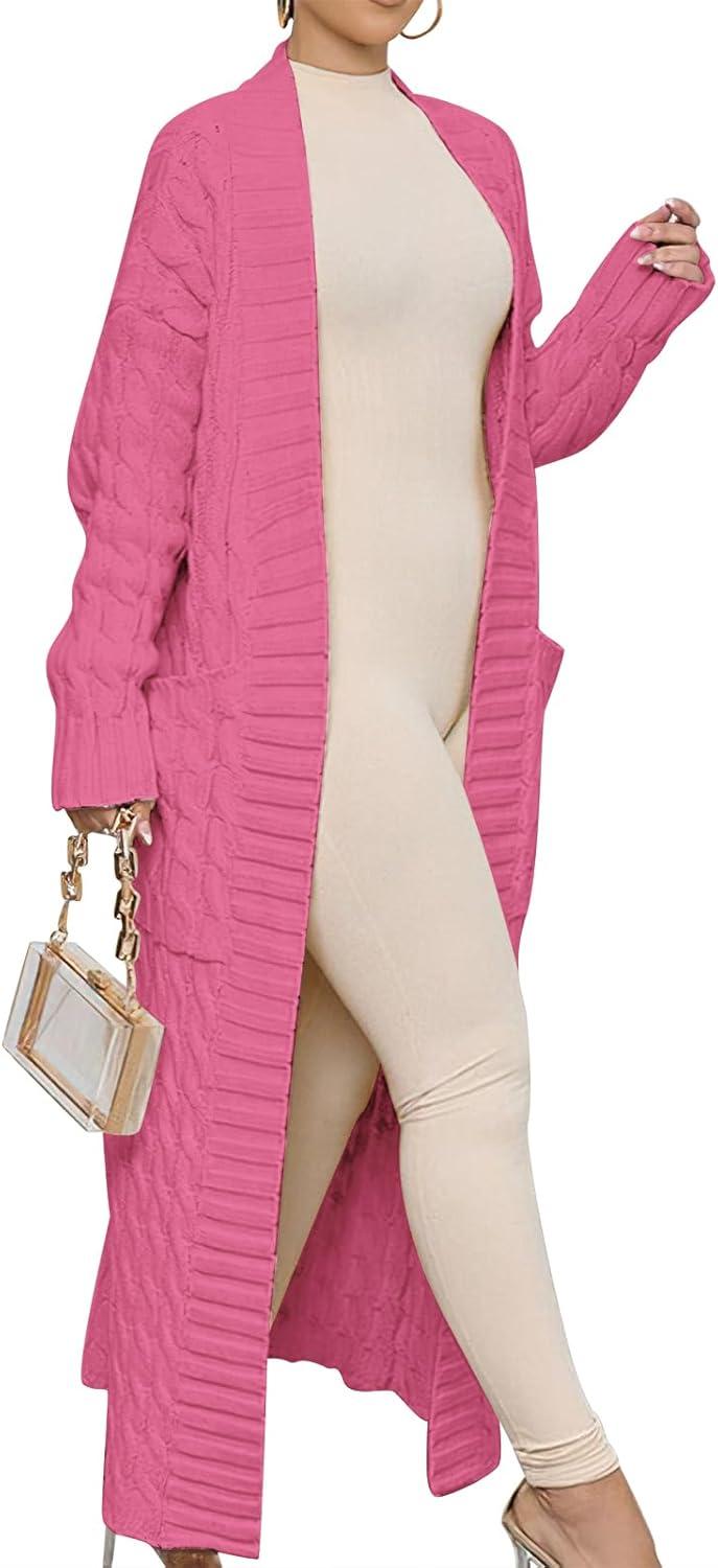 imageANRABESS Womens Long Cardigan Sweater 2025 Oversized Coat Long Sleeve Open Front Knit Maxi Outwear Fall Trendy Jacket ClothesHot Pink