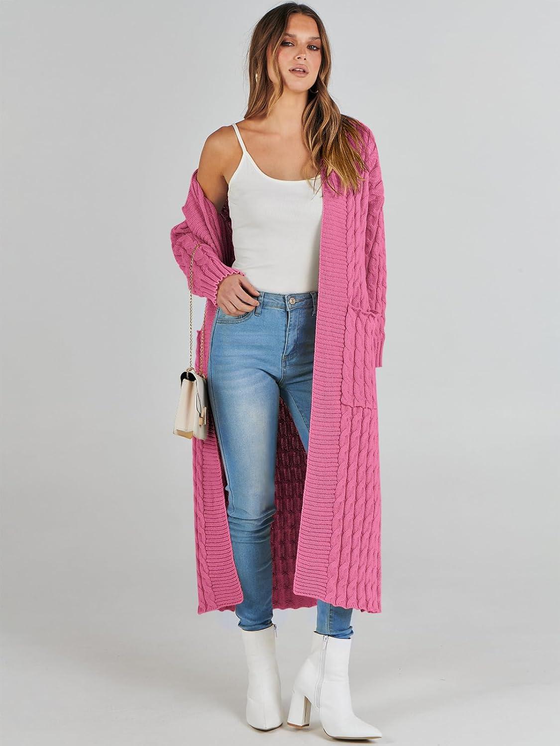 imageANRABESS Womens Long Cardigan Sweater 2025 Oversized Coat Long Sleeve Open Front Knit Maxi Outwear Fall Trendy Jacket ClothesHot Pink