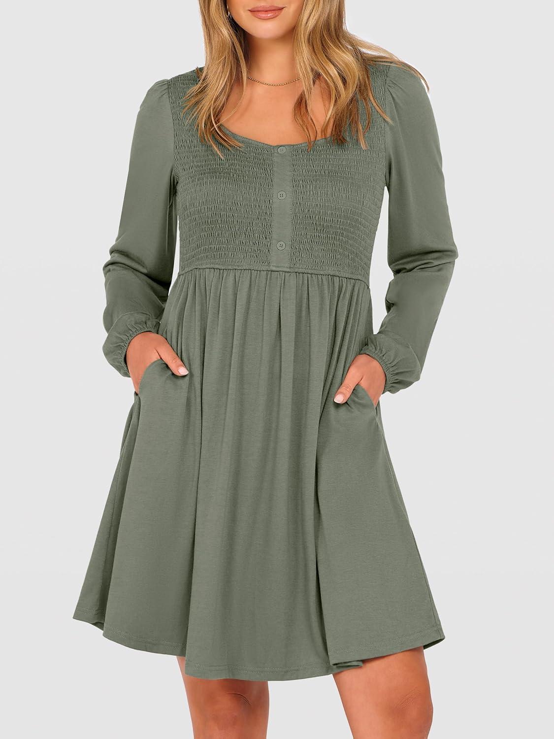 imageANRABESS Womens Long Lantern Sleeve Dresses 2025 Fall Casual Smocked ALine High Waist Flowy Short Dress with Pockets TrendyArmy Green