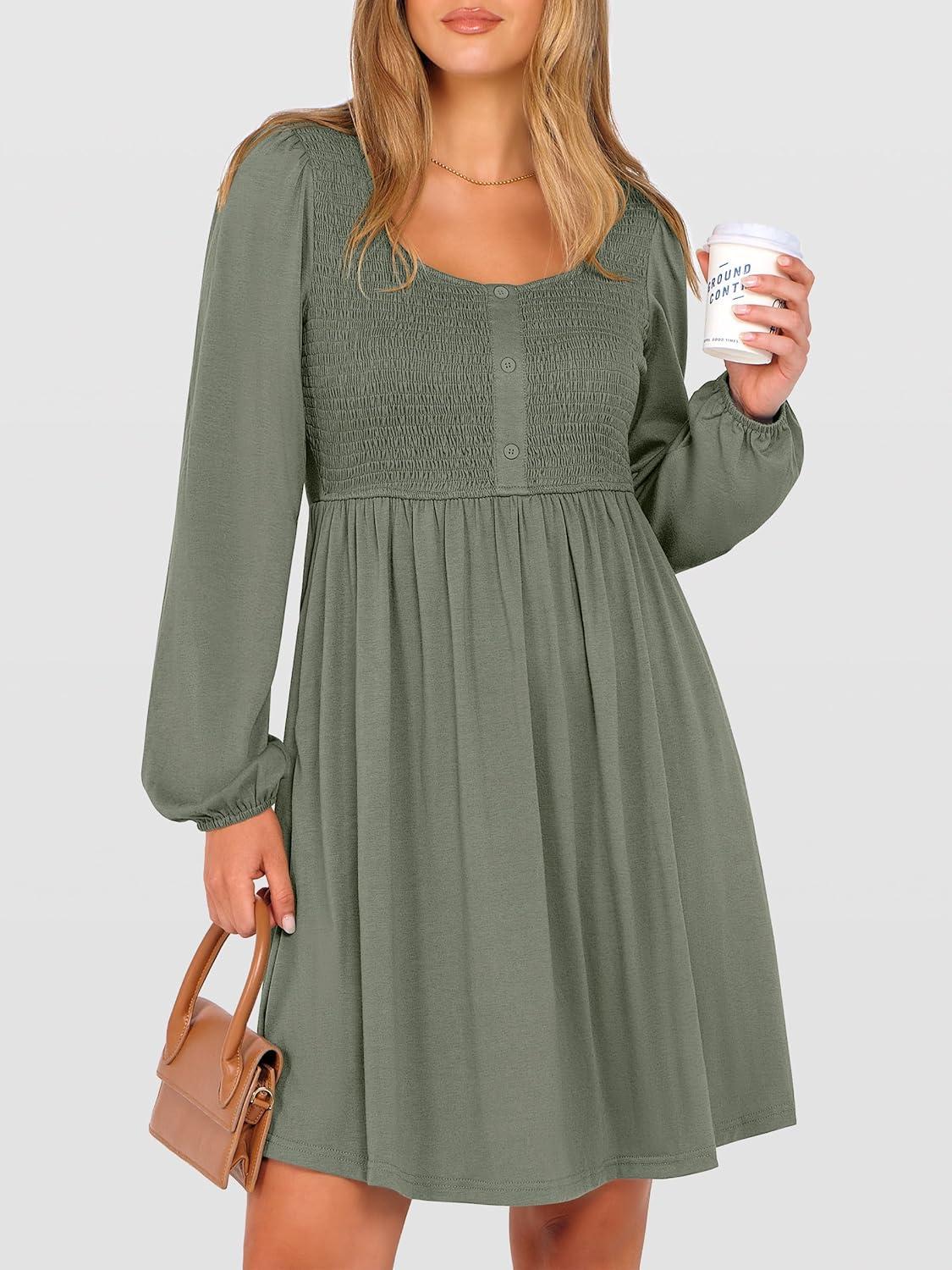 imageANRABESS Womens Long Lantern Sleeve Dresses 2025 Fall Casual Smocked ALine High Waist Flowy Short Dress with Pockets TrendyArmy Green